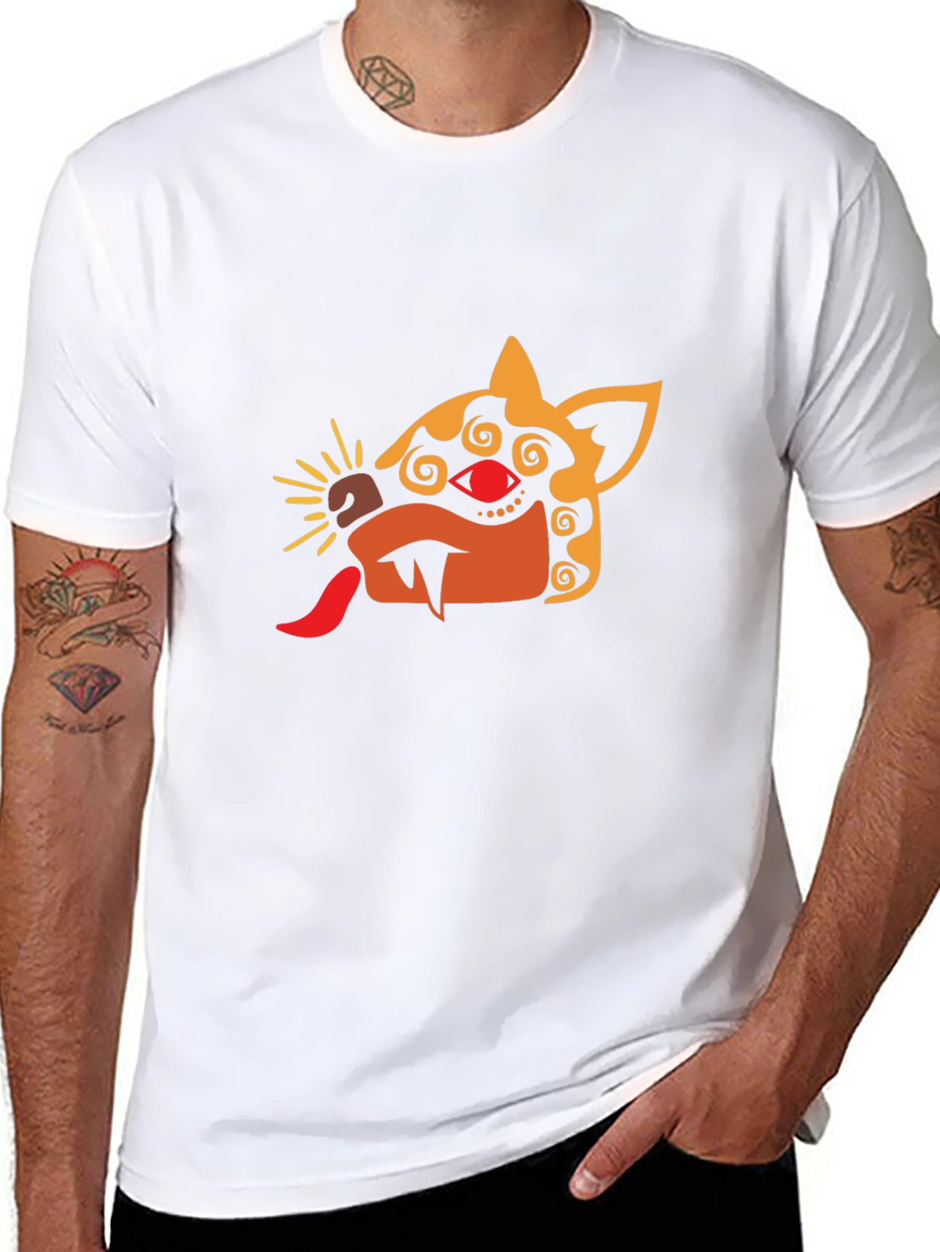 Mens Black T-Shirt with Aztec-Inspired Animal Design