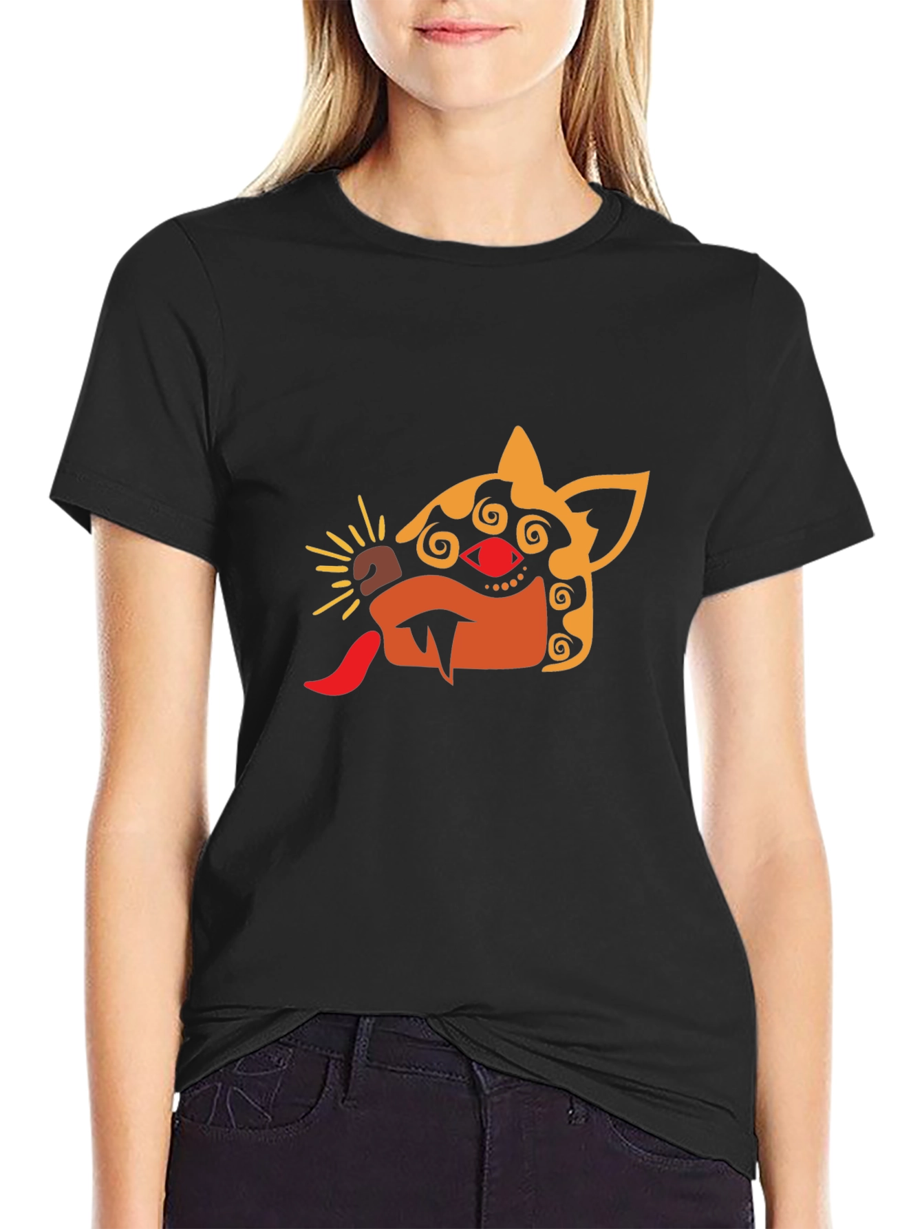 Mens Black T-Shirt with Aztec-Inspired Animal Design