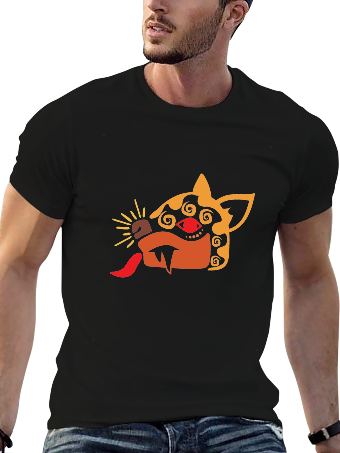 Mens Black T-Shirt with Aztec-Inspired Animal Design