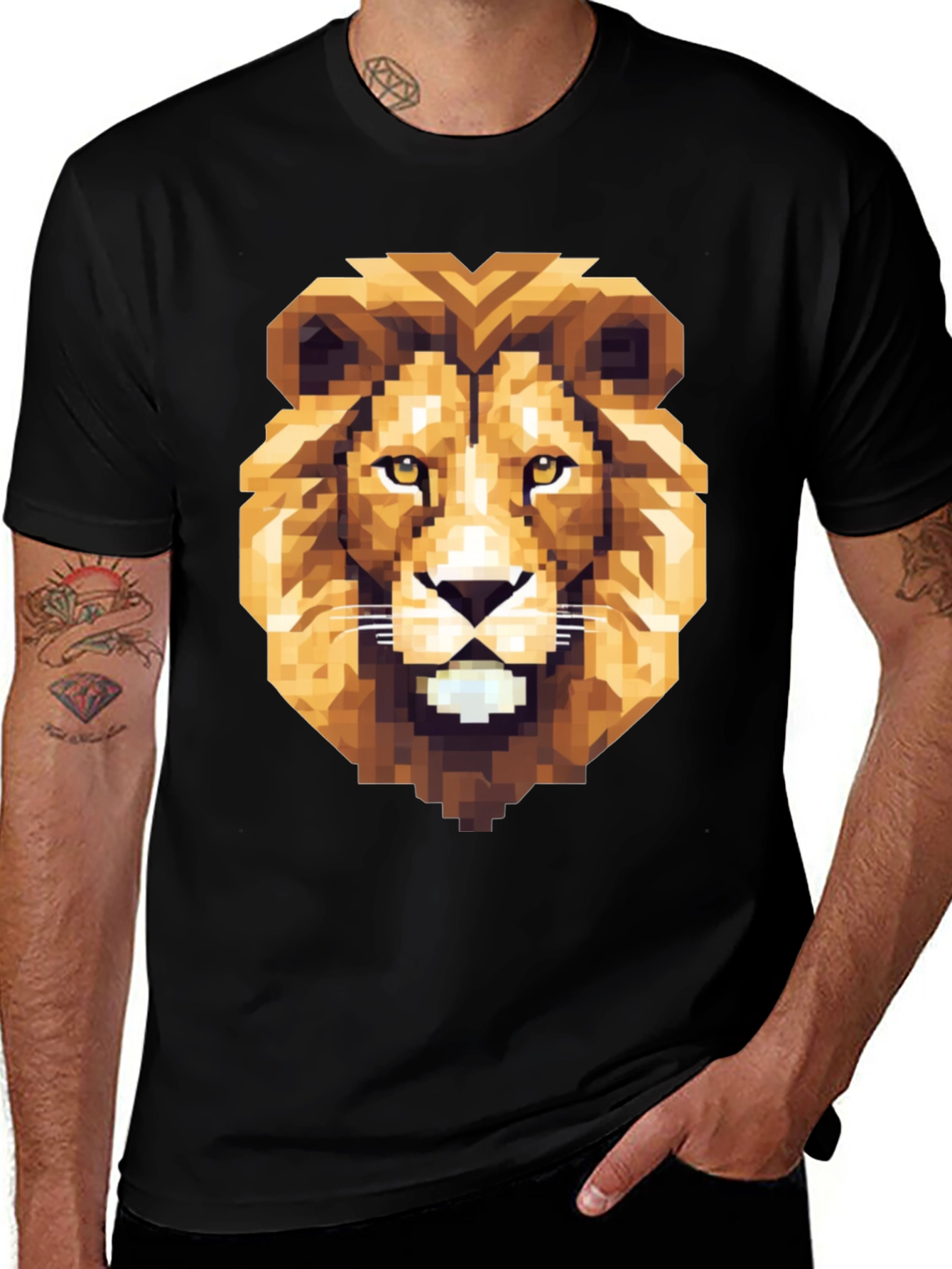 Pixelated Lion Graphic Tee - Bold Black Shirt