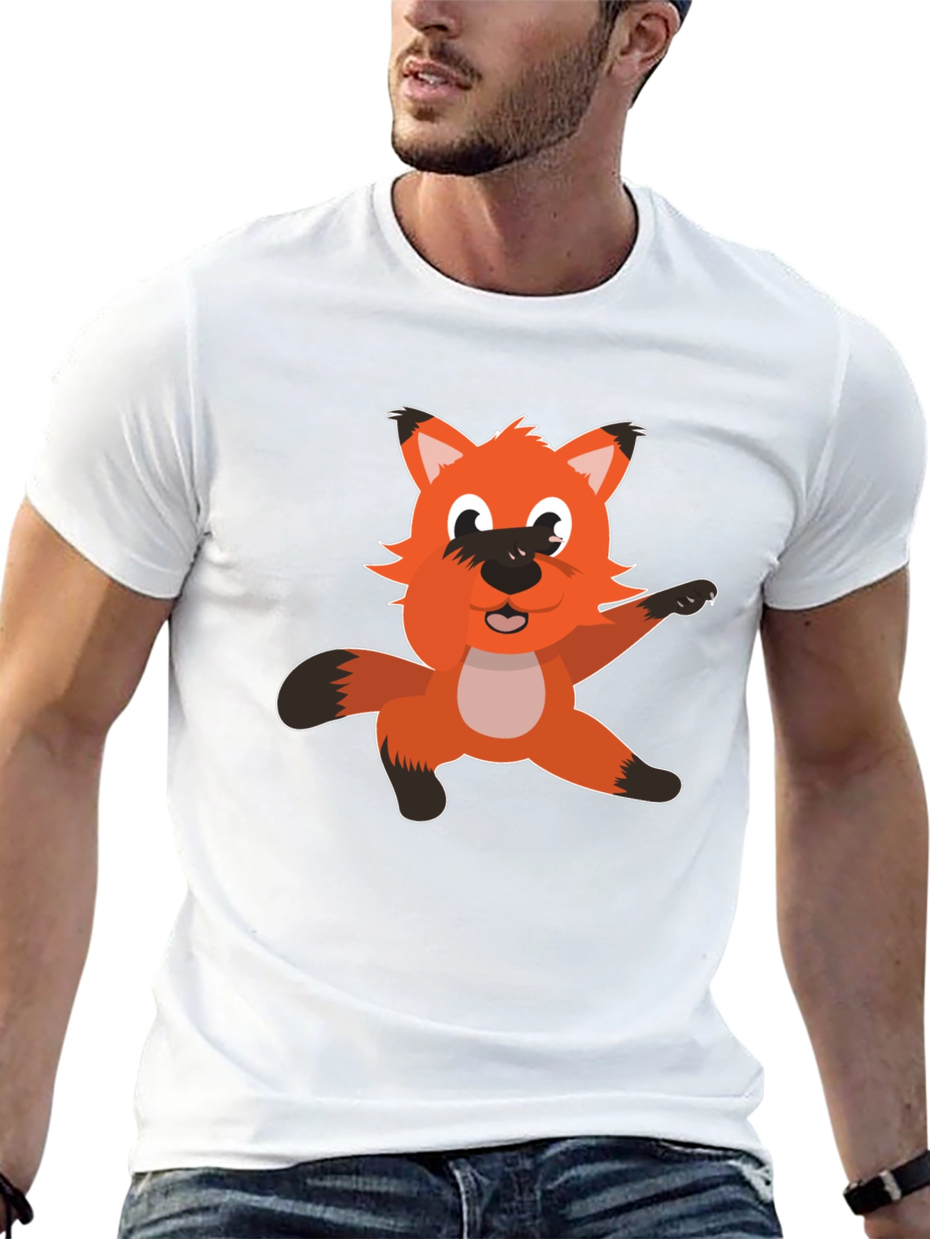 Cartoon Fox Graphic T-Shirt - Black Cotton Tee