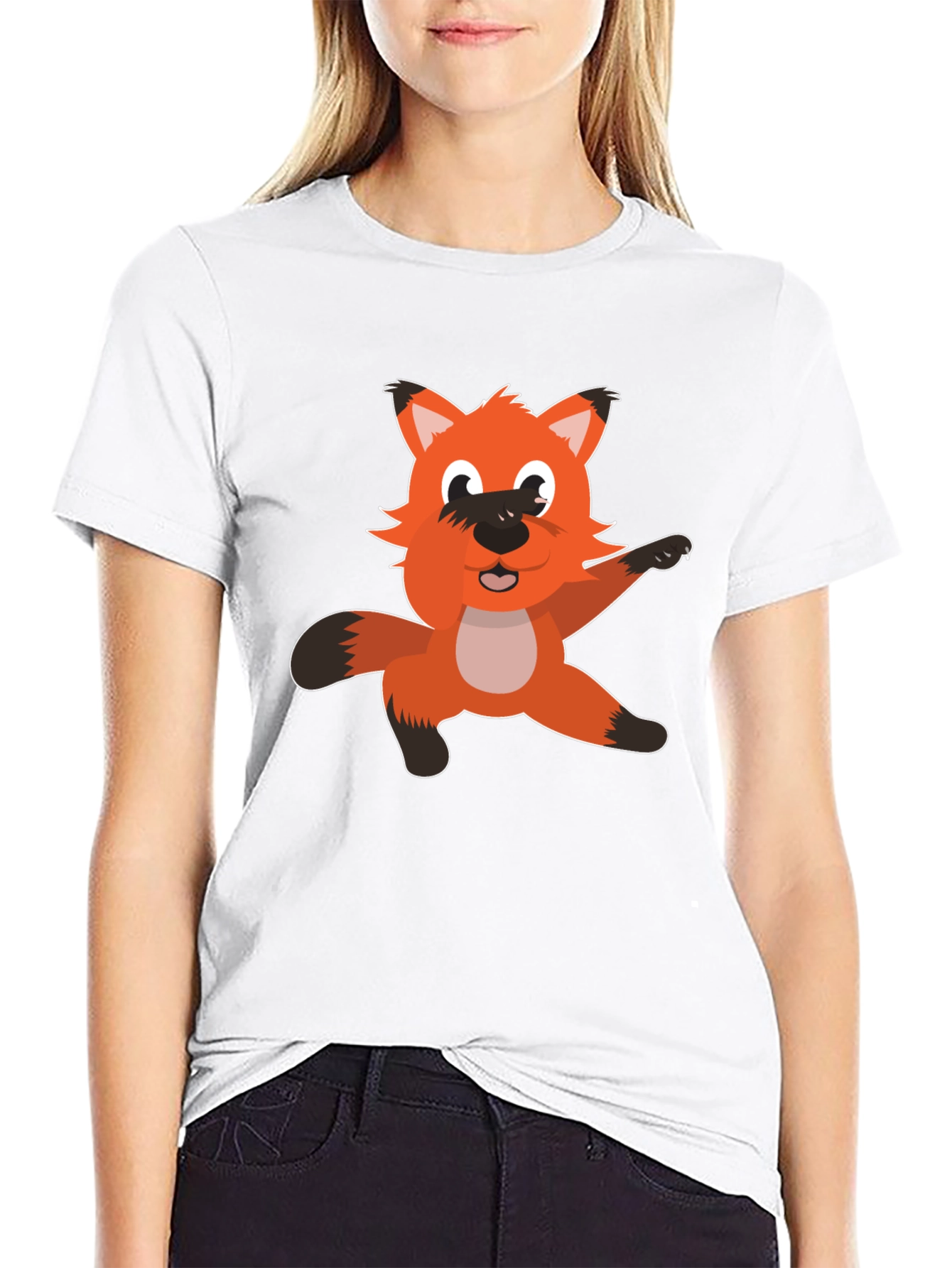 Cartoon Fox Graphic T-Shirt - Black Cotton Tee