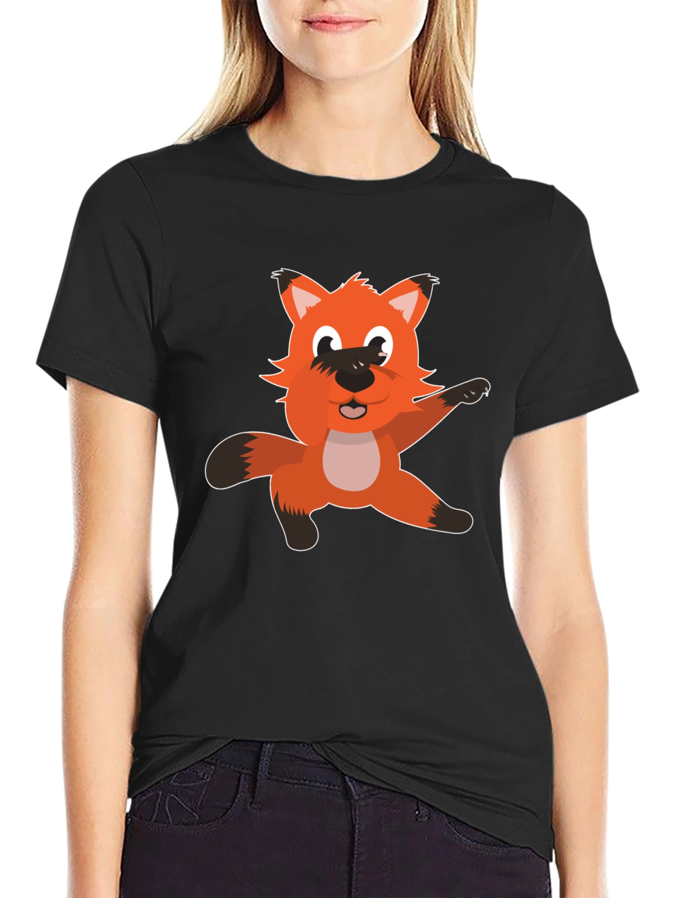 Cartoon Fox Graphic T-Shirt - Black Cotton Tee