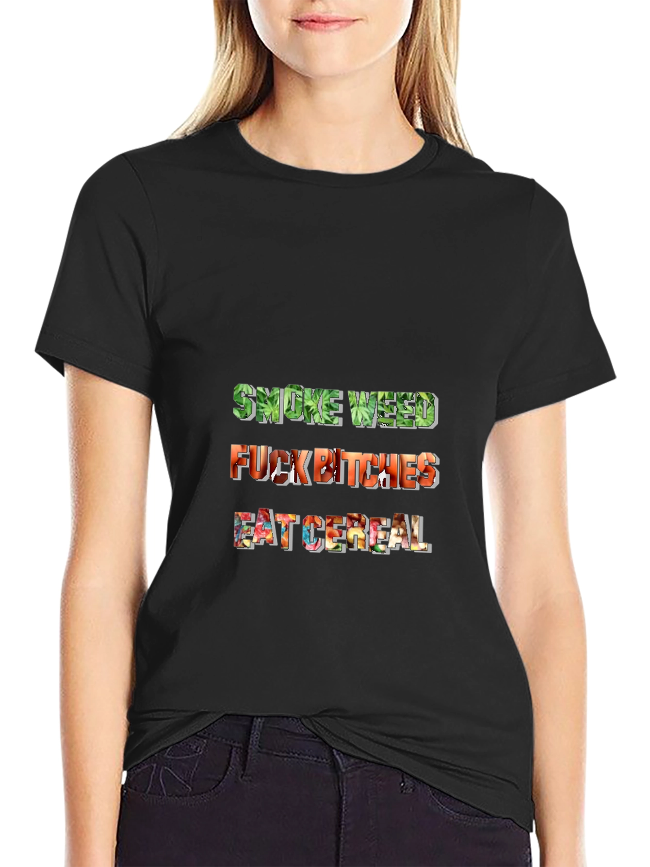 Smoke Weed F*ck Bitches Eat Cereal Mens Black T-Shirt