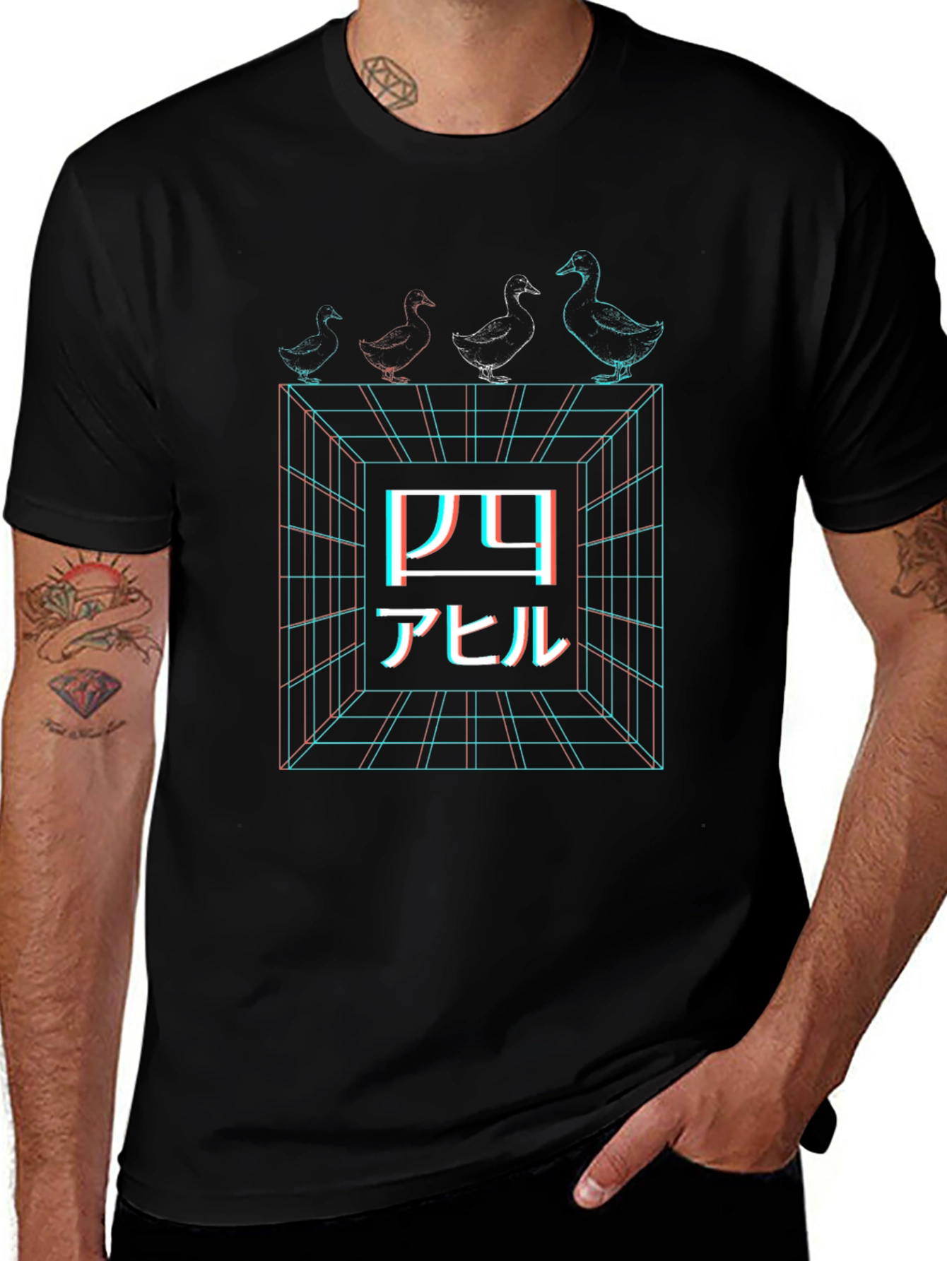 Retro Japanese Four Ducks Black T-Shirt