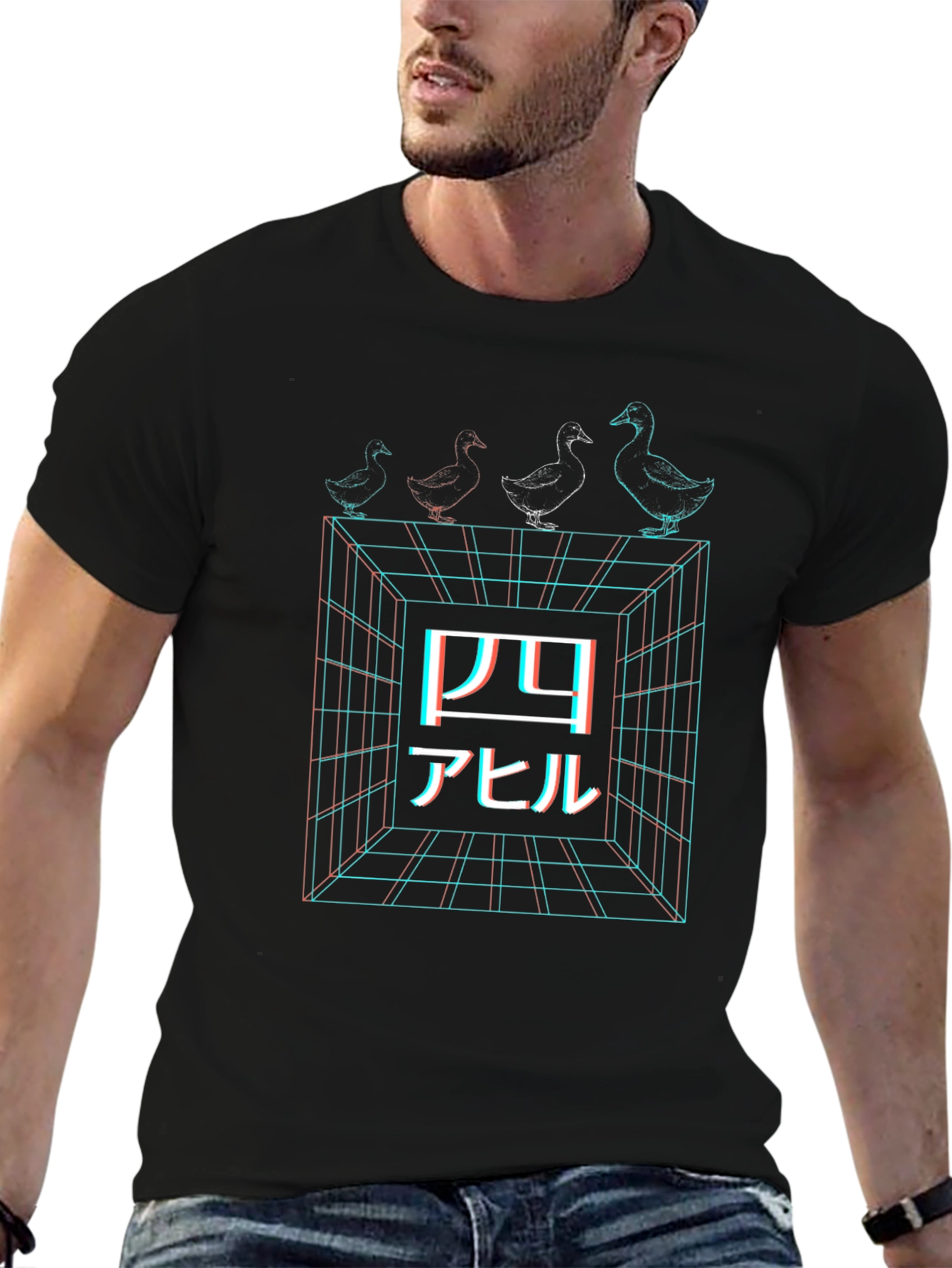 Retro Japanese Four Ducks Black T-Shirt