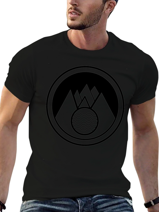 Black Graphic T-Shirt with Mountain and Wave Logo