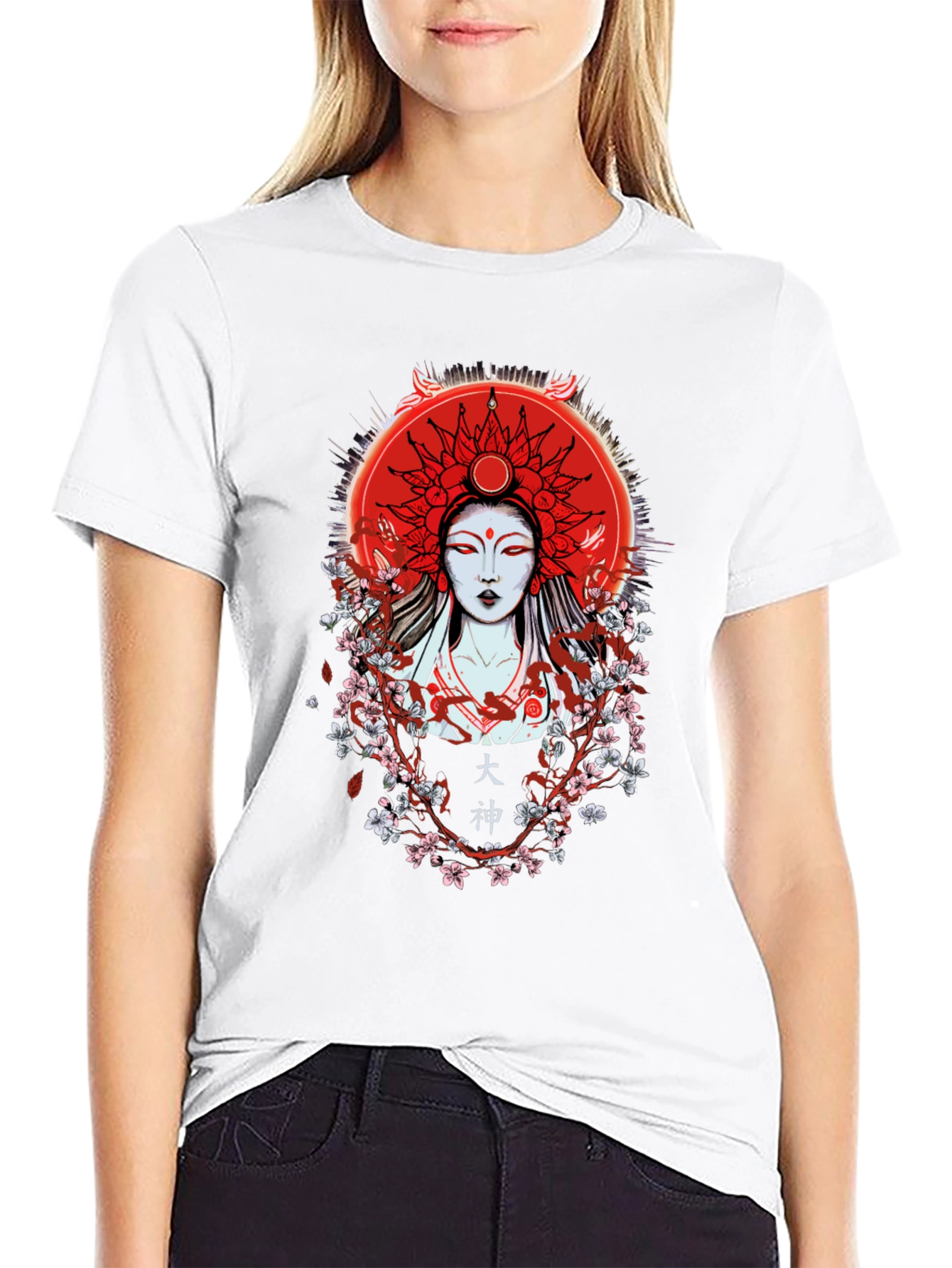 Japanese Goddess Graphic Tee - Red Sun