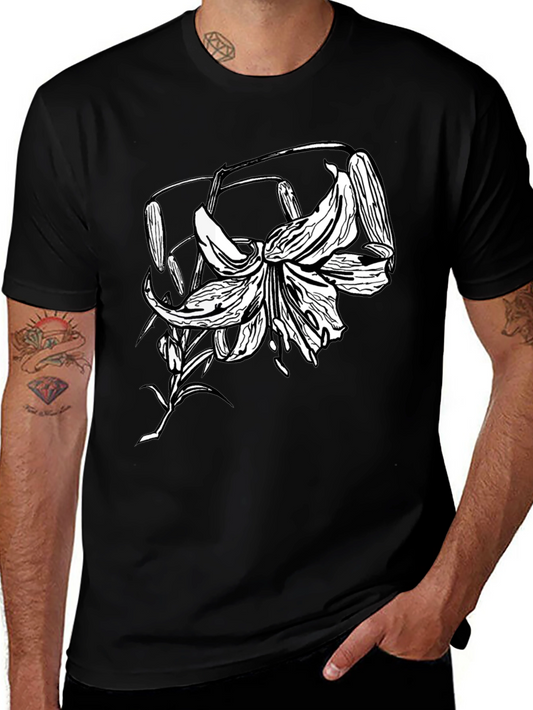 Black T-Shirt with Floral Lily Graphic