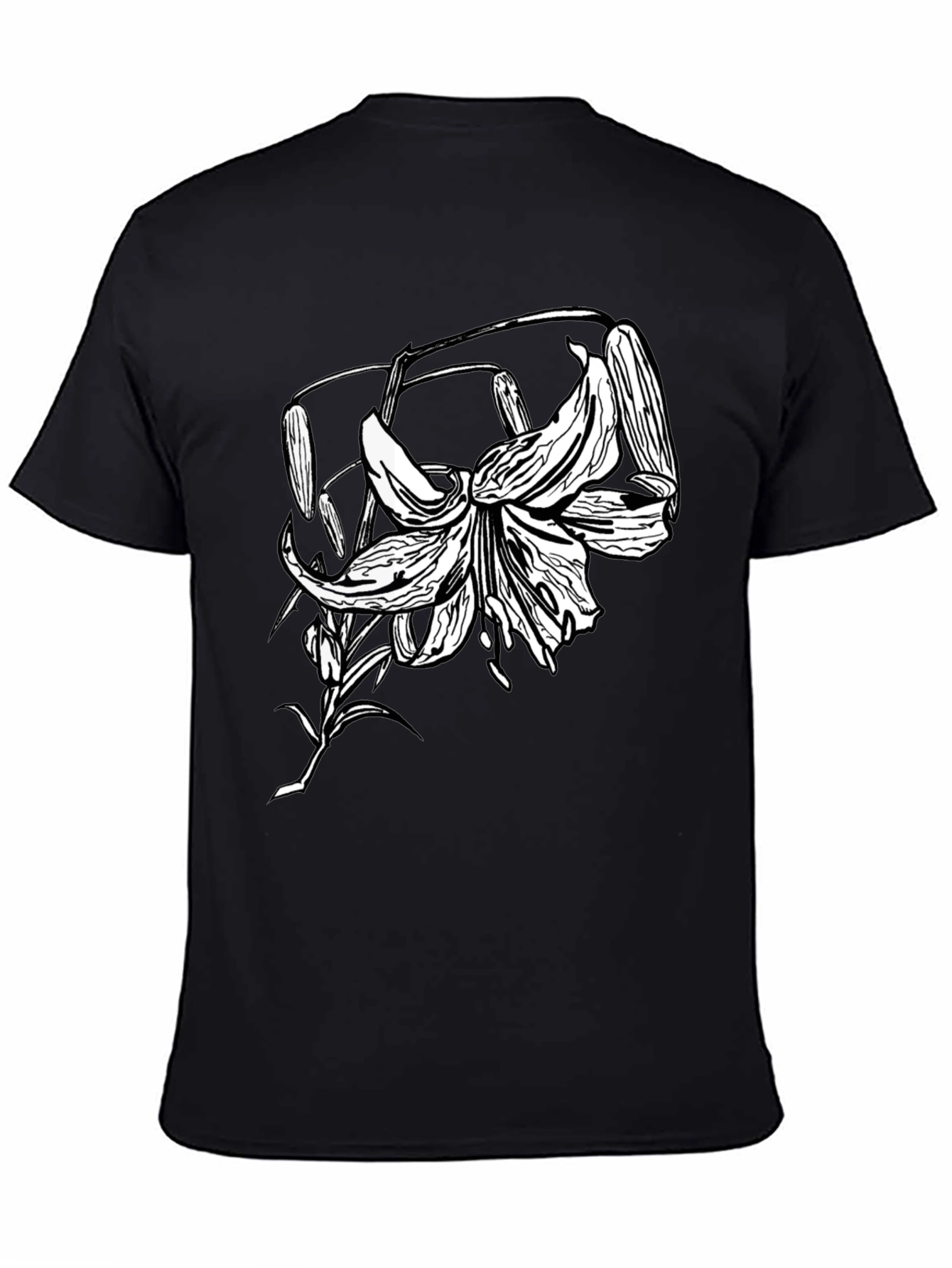 Black T-Shirt with Floral Lily Graphic