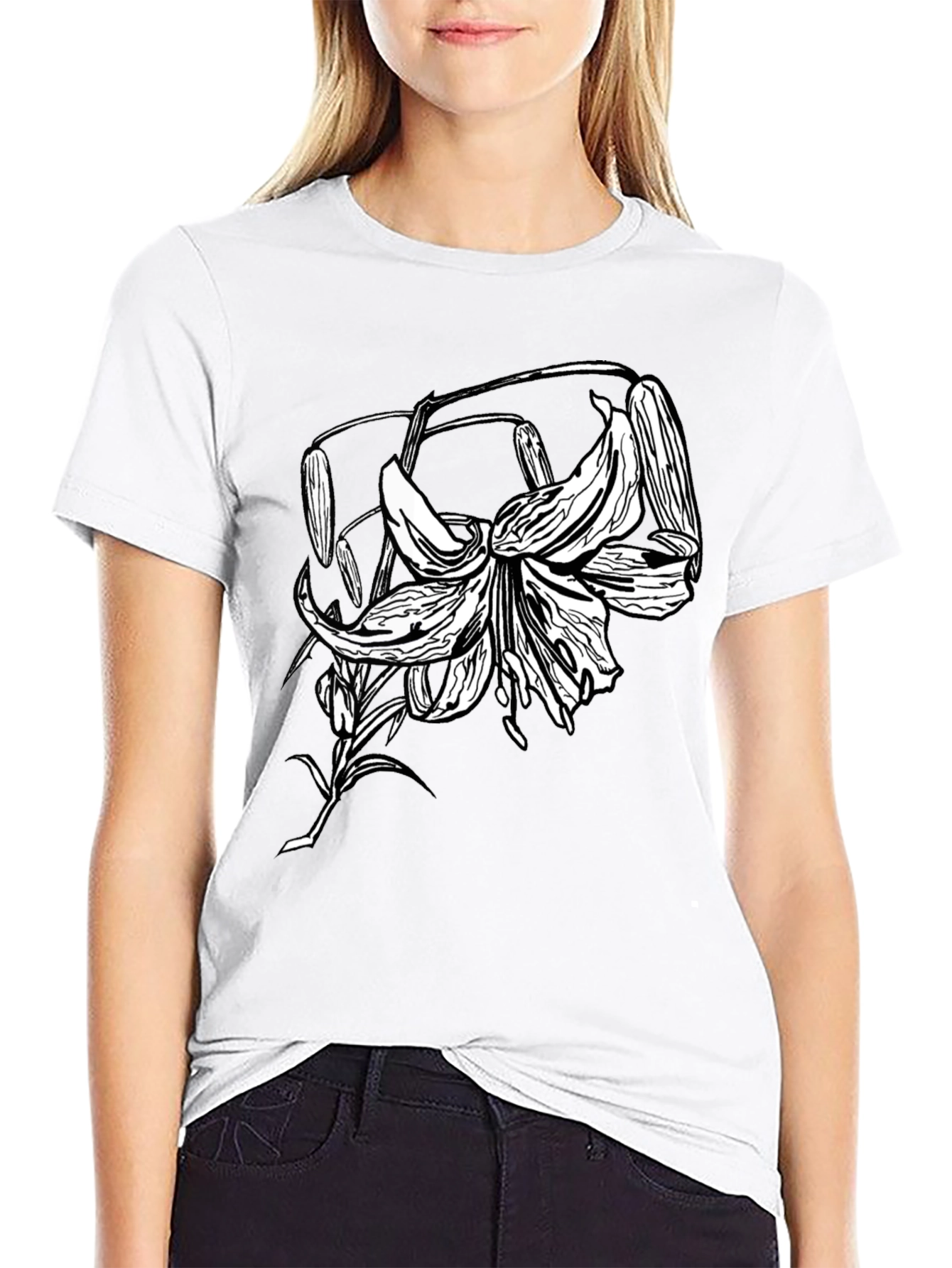 Black T-Shirt with Floral Lily Graphic
