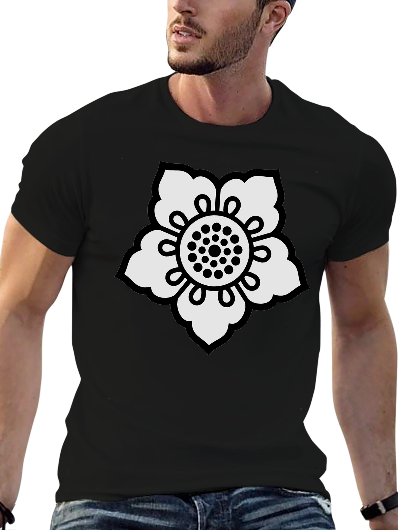 Black T-Shirt with White Flower Design