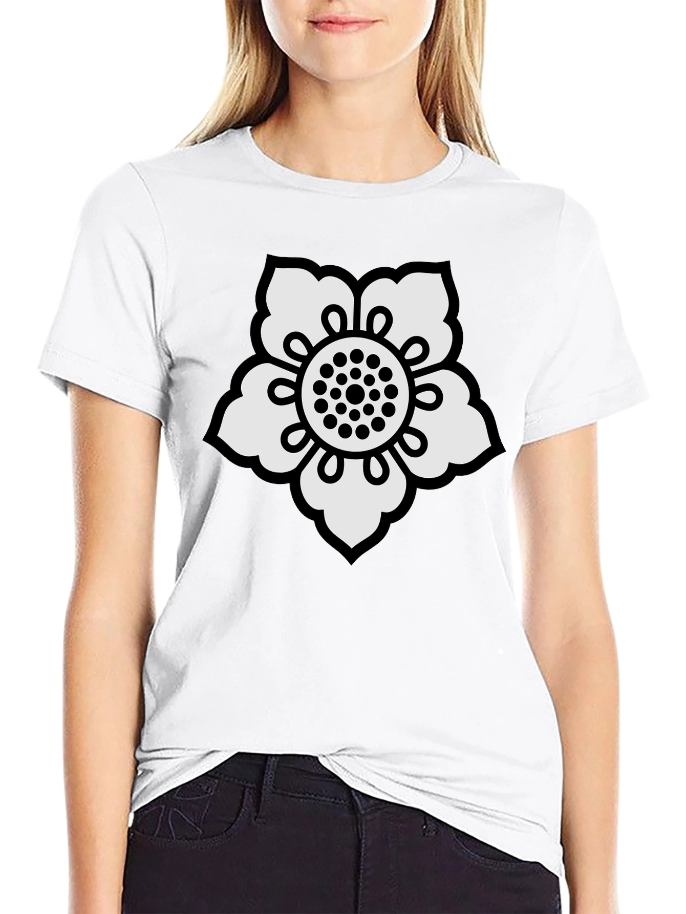 Black T-Shirt with White Flower Design