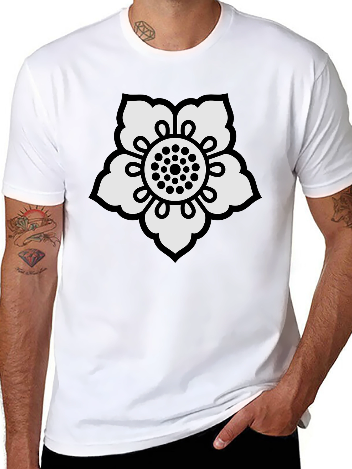 Black T-Shirt with White Flower Design