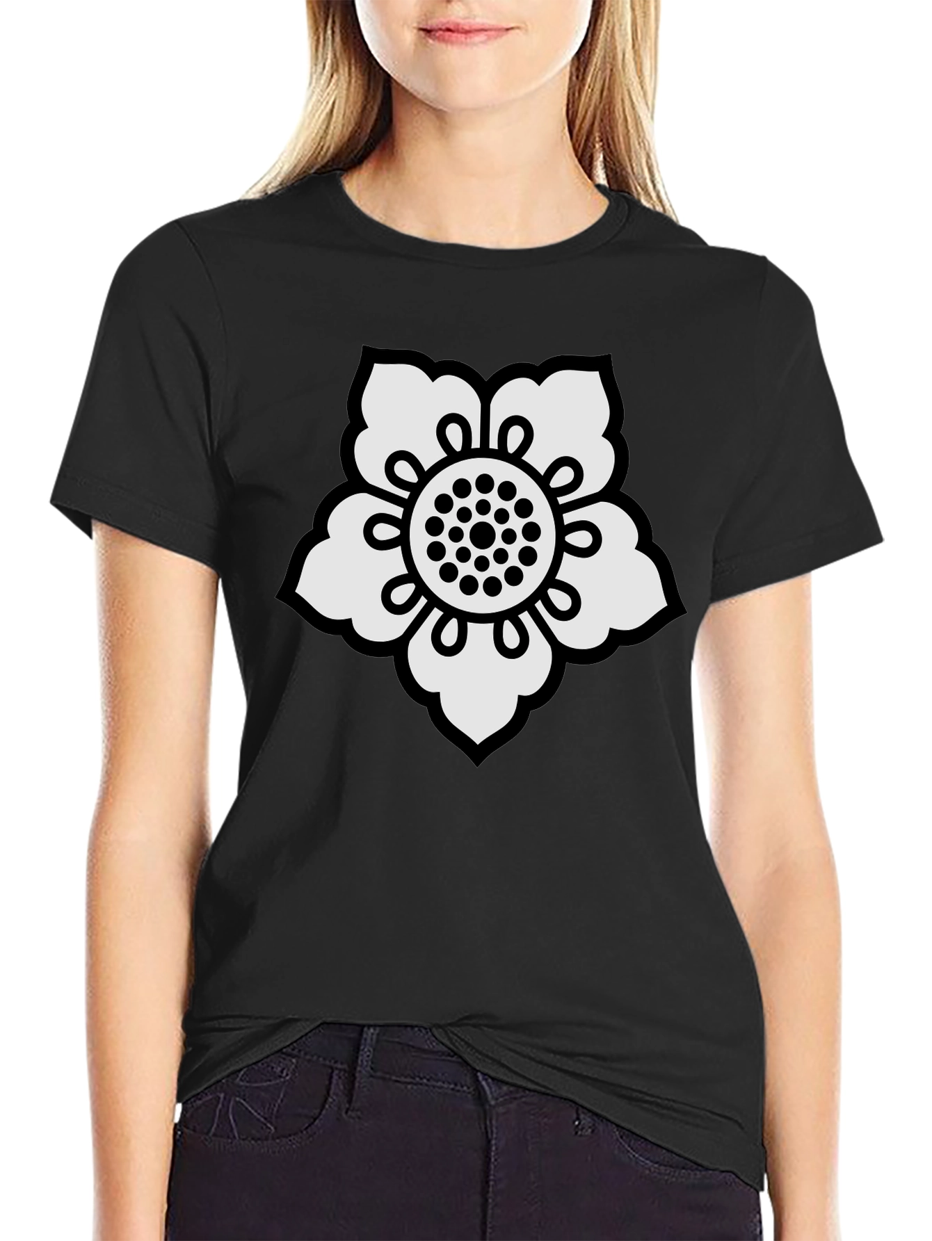 Black T-Shirt with White Flower Design
