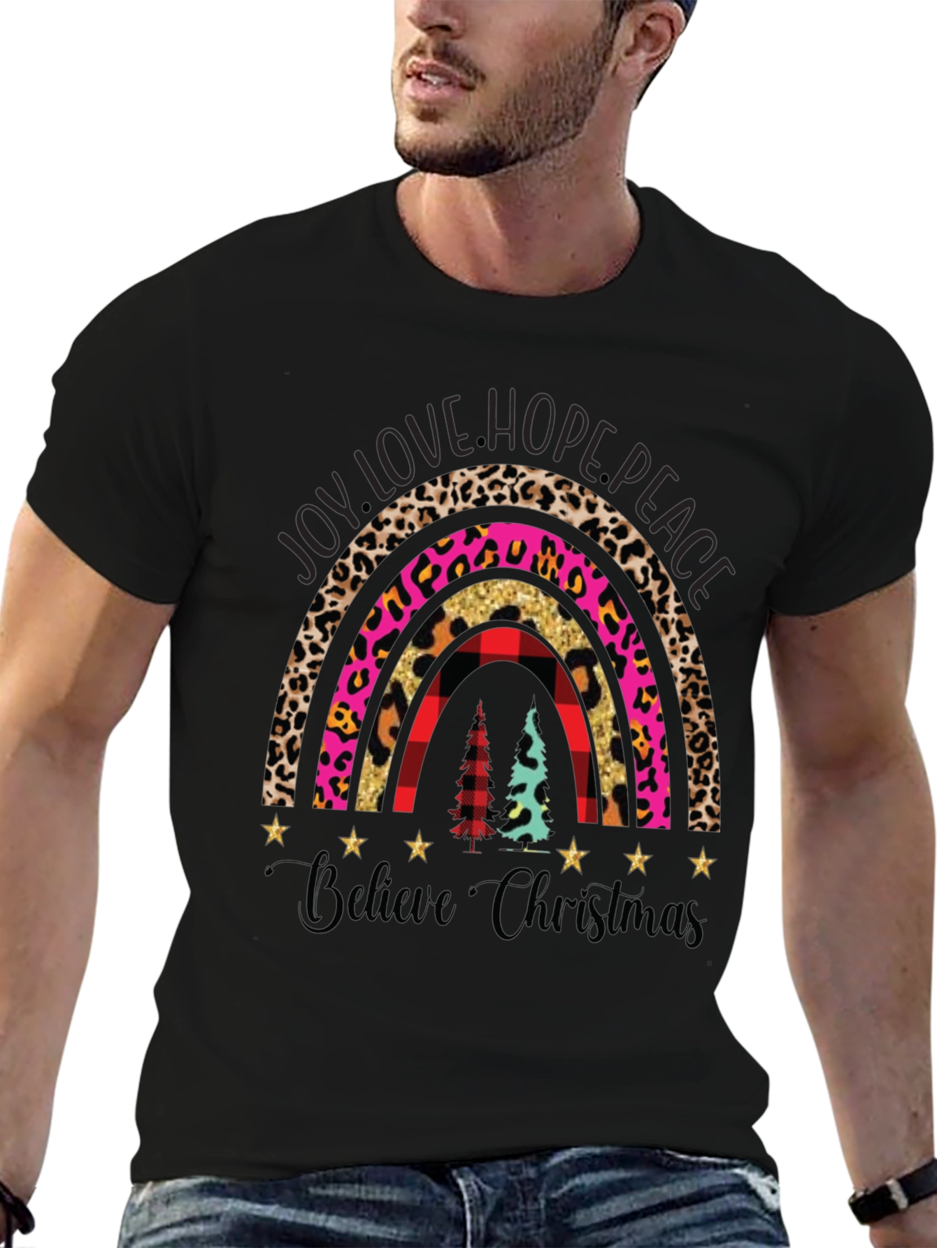 Believe Christmas Rainbow Graphic T-Shirt