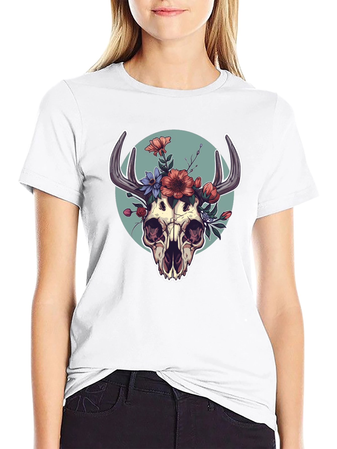 Floral Skull Graphic Tee - Black