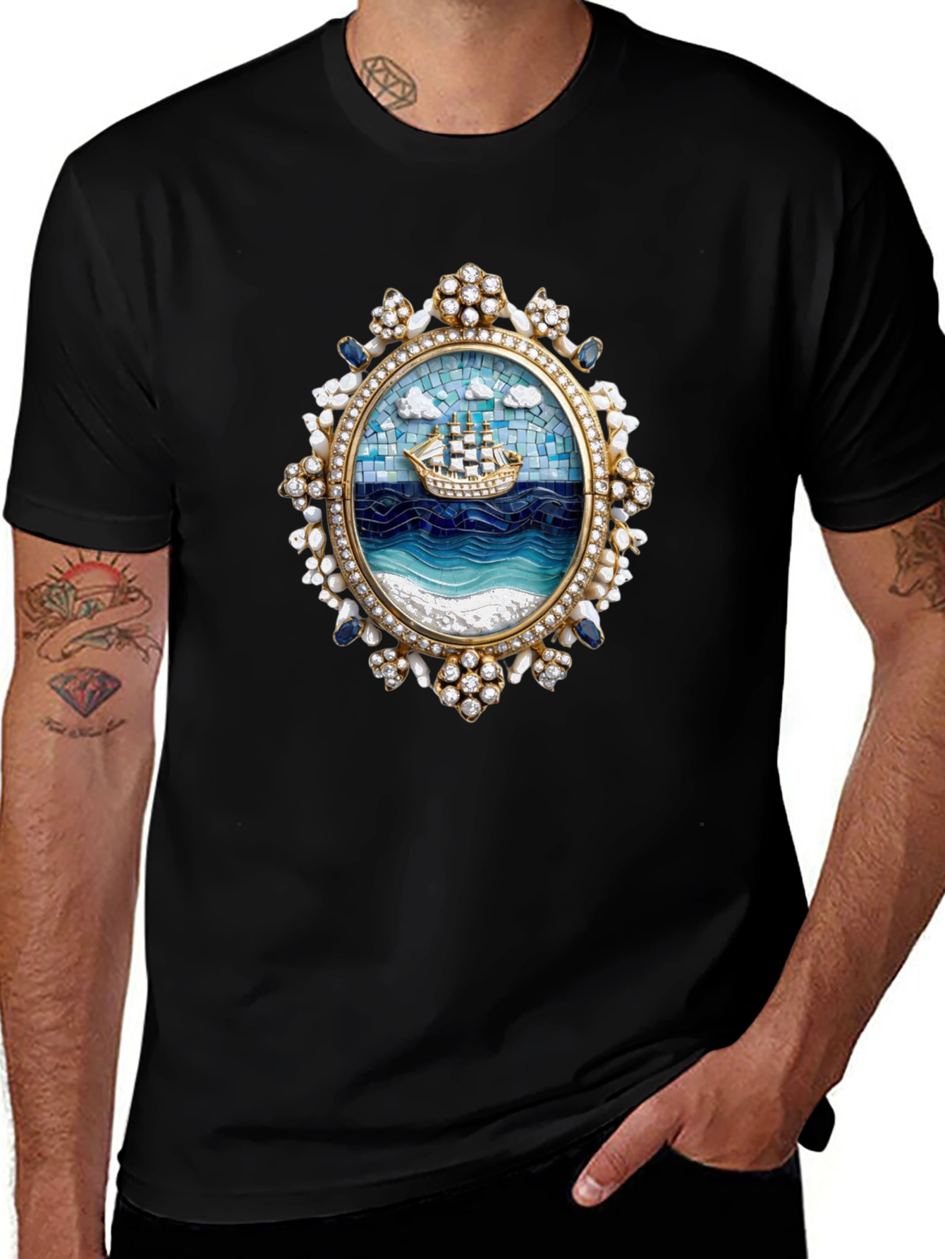 Nautical Ship Mosaic Graphic Tee - Black