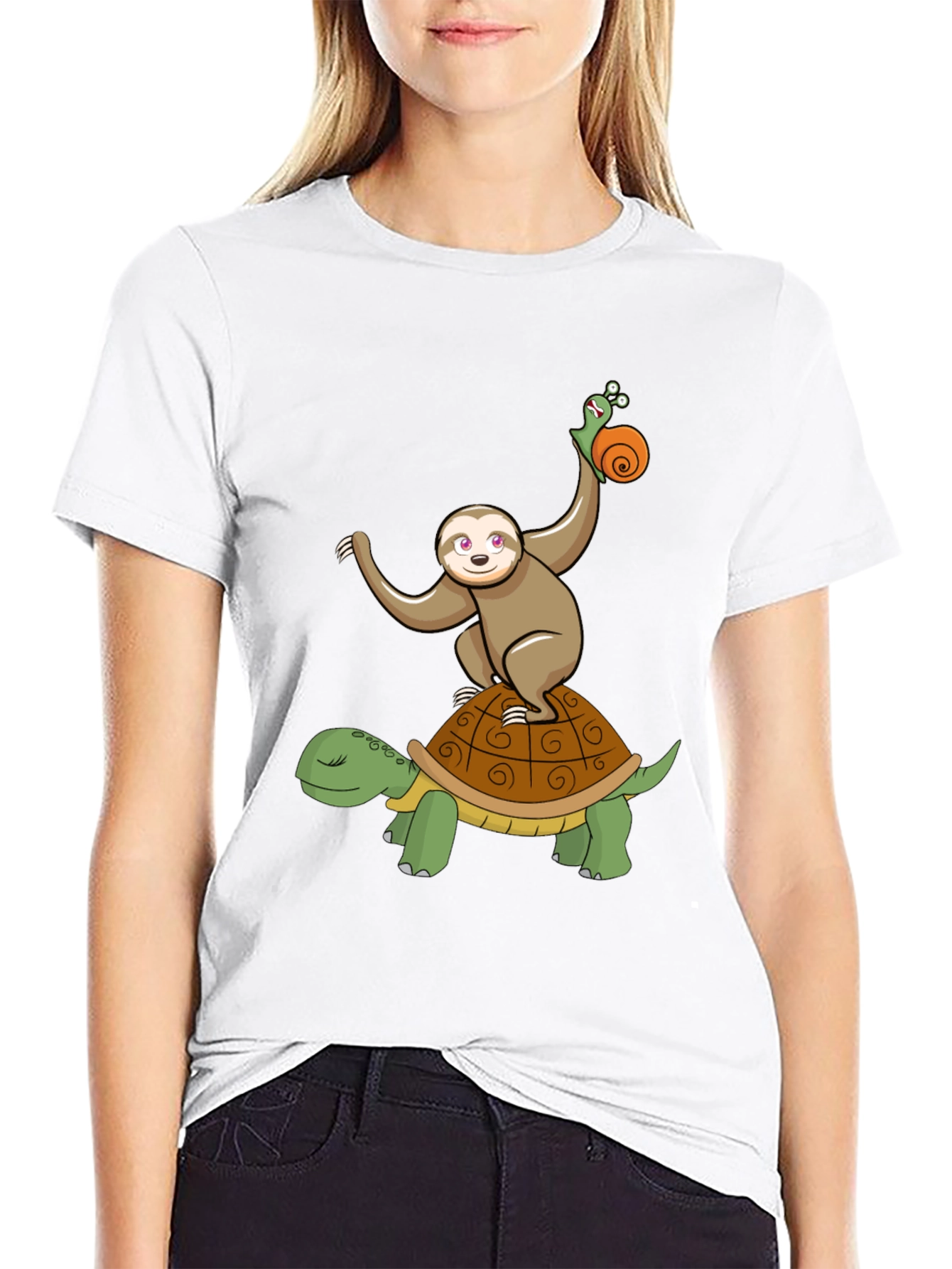 Sloth Snail Turtle Cartoon Black T-Shirt