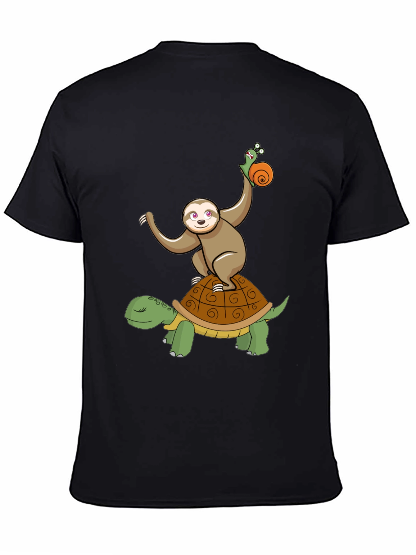 Sloth Snail Turtle Cartoon Black T-Shirt