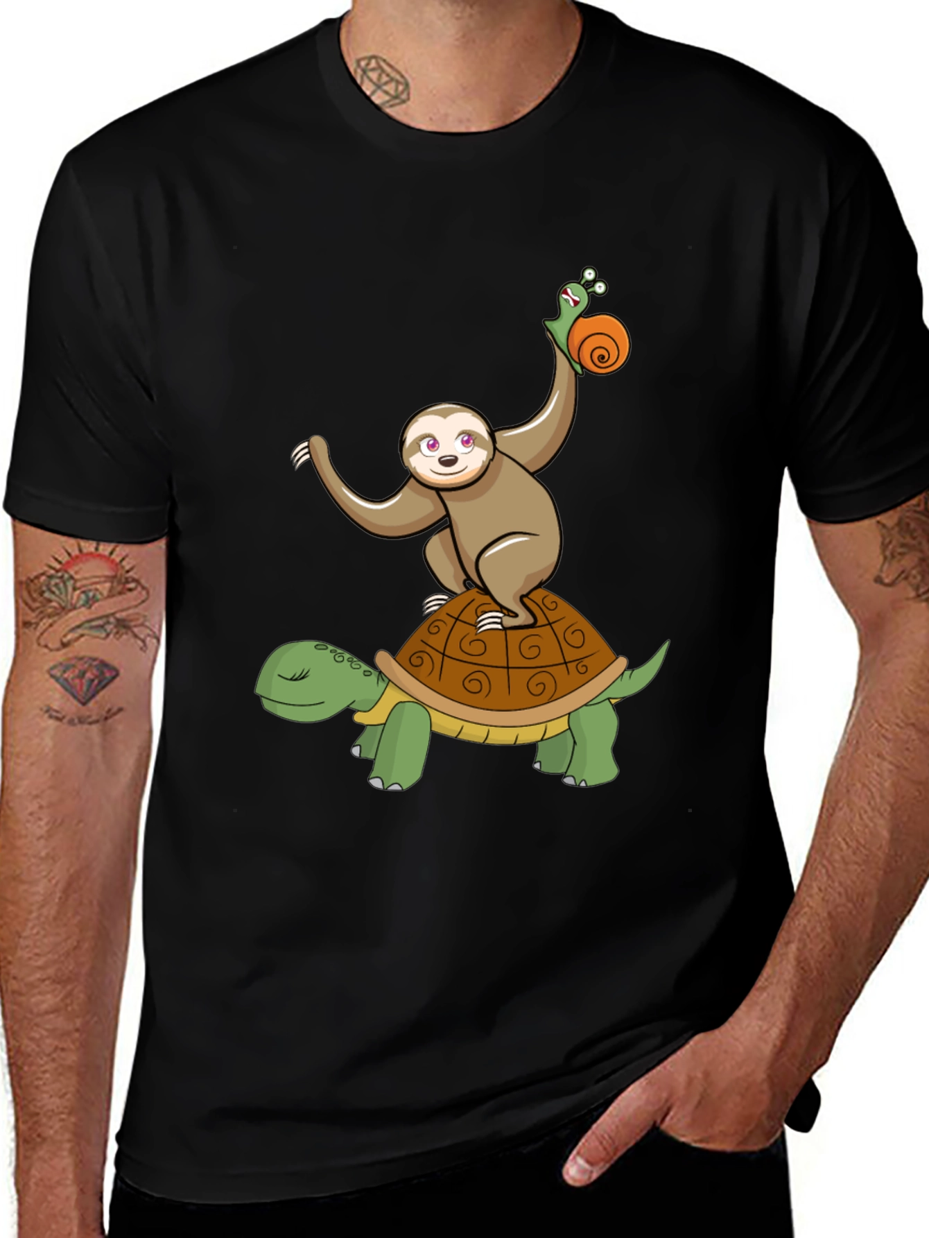 Sloth Snail Turtle Cartoon Black T-Shirt