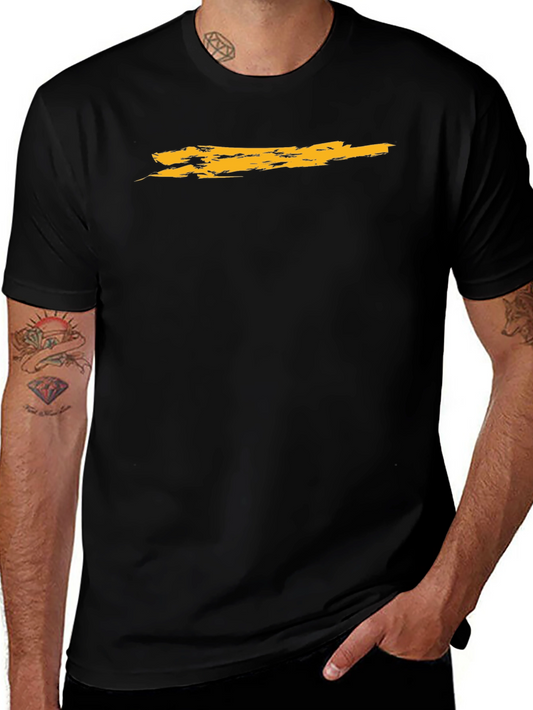 Mens Black T-Shirt with Distressed Gold Stripe