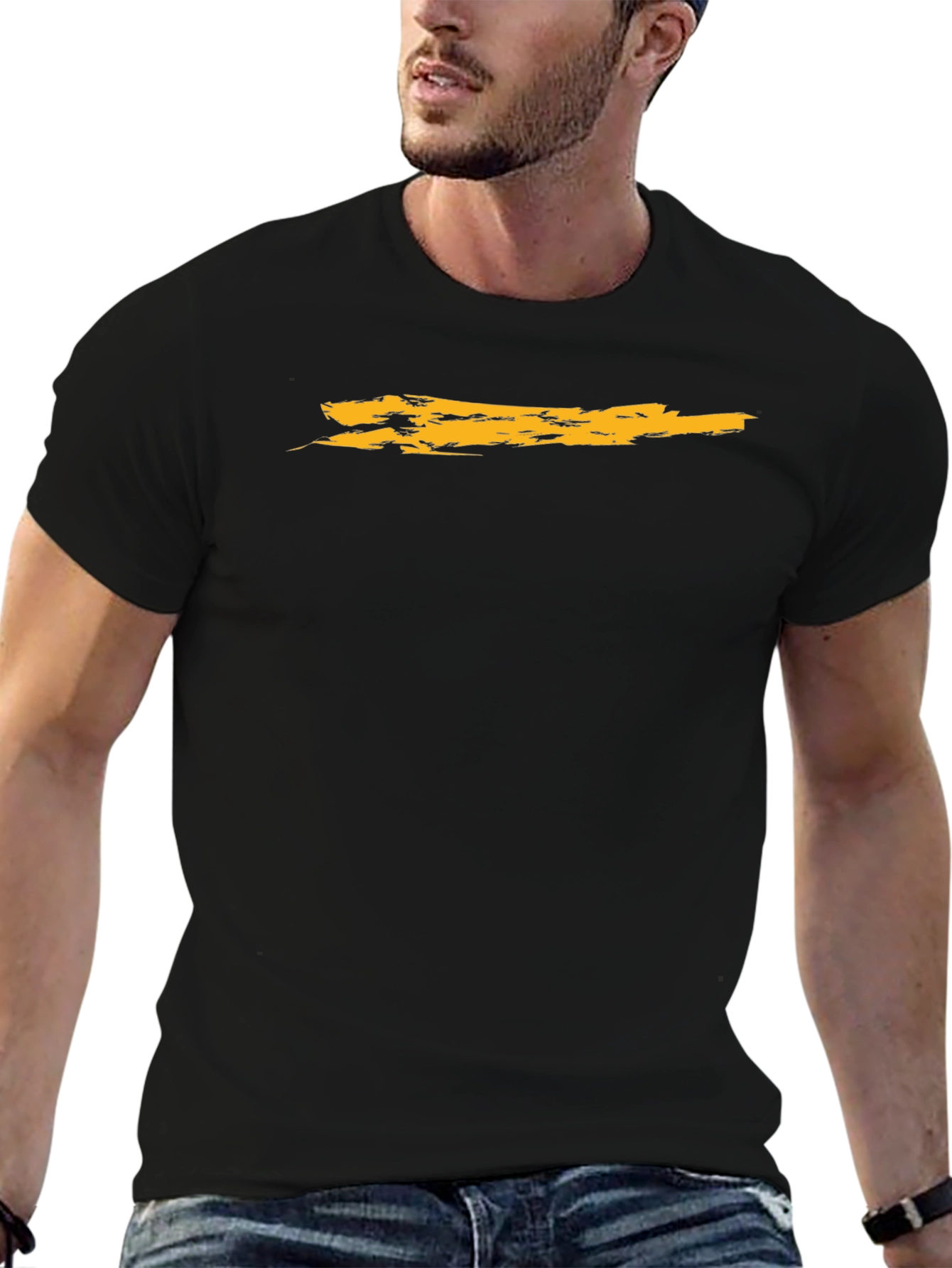 Mens Black T-Shirt with Distressed Gold Stripe