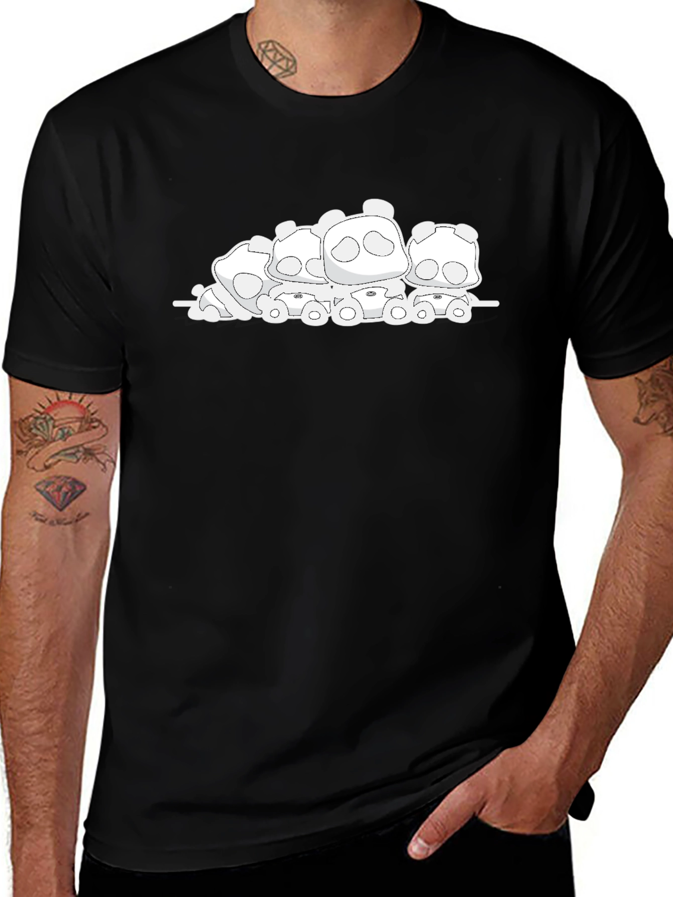 Cute Panda Bear Pile Black T-Shirt