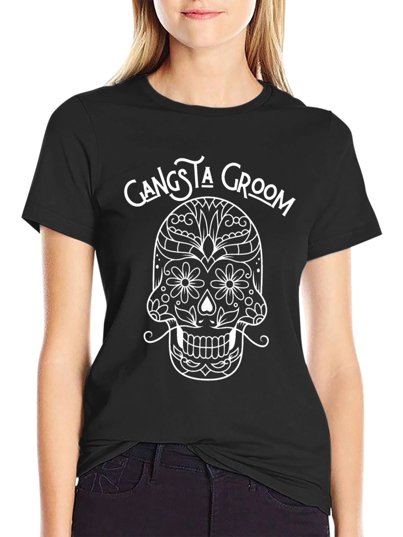 Gangsta Groom Sugar Skull Graphic Tee - Black