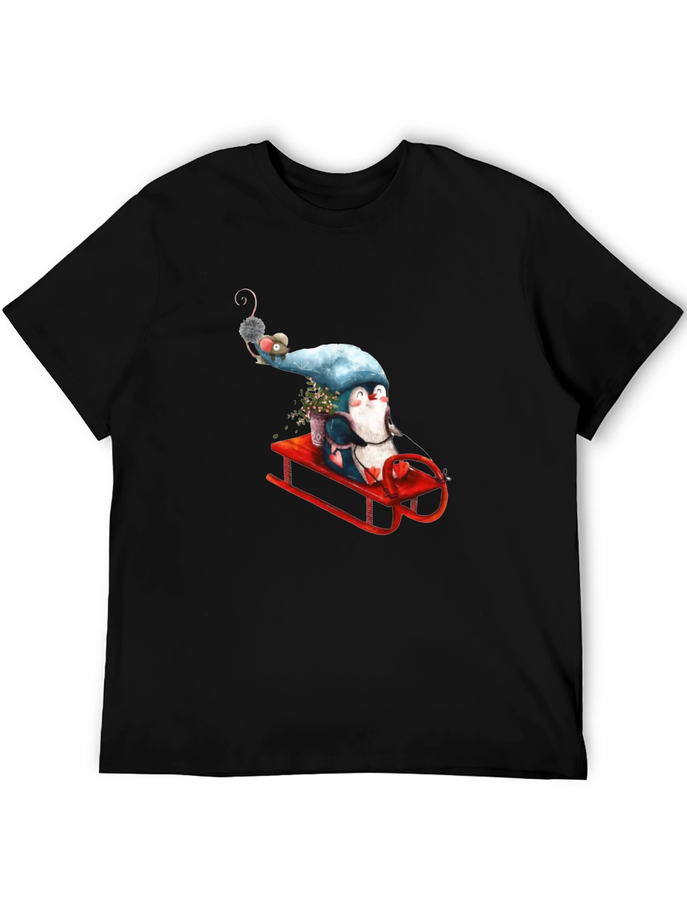 Penguin Sleigh Ride T-Shirt - Whimsical Black Tee