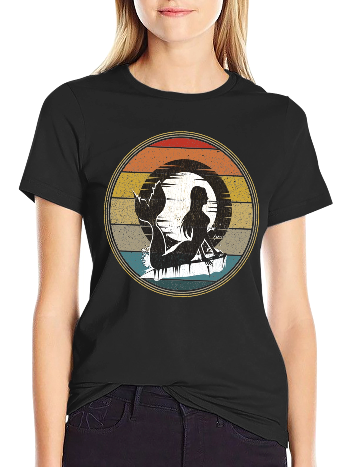 Mermaid Silhouette Retro T-Shirt - Black