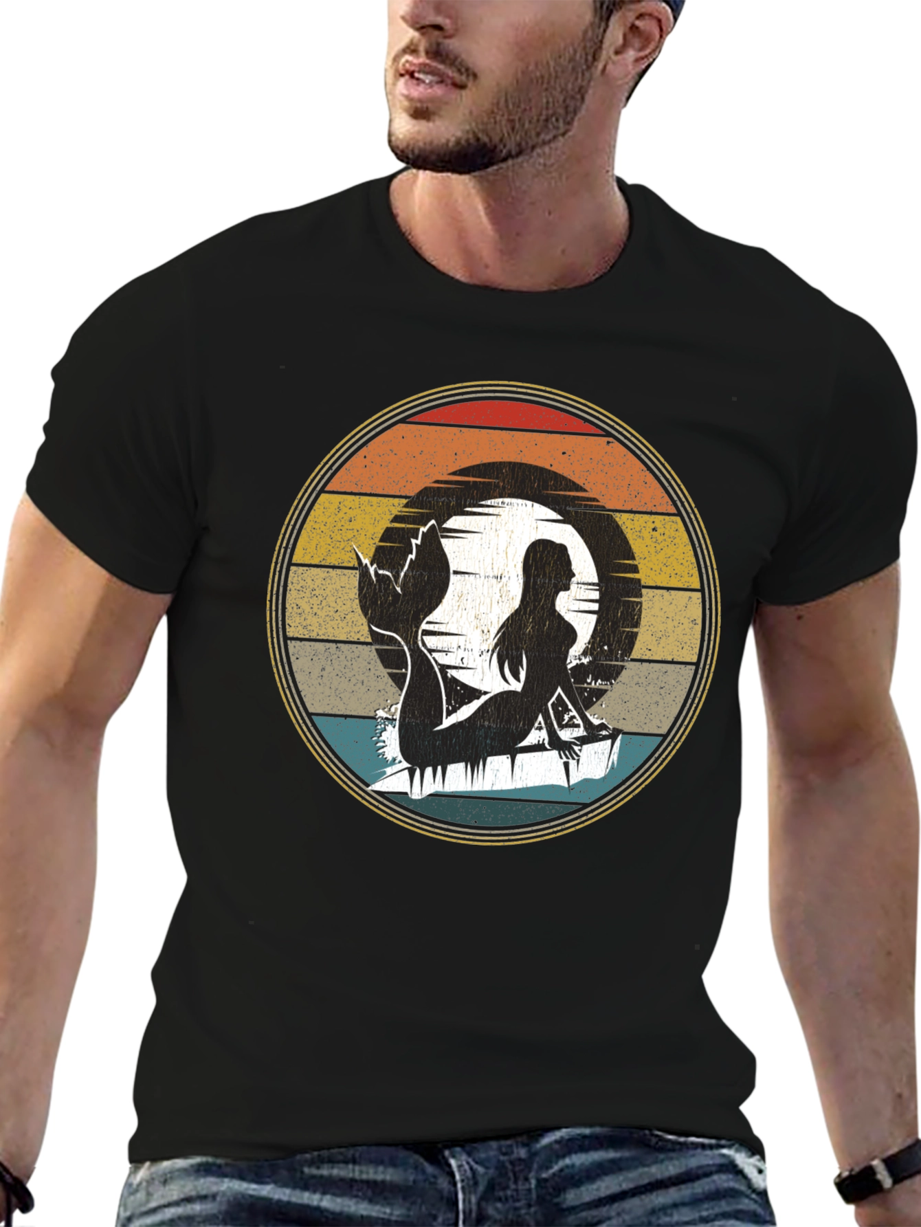 Mermaid Silhouette Retro T-Shirt - Black