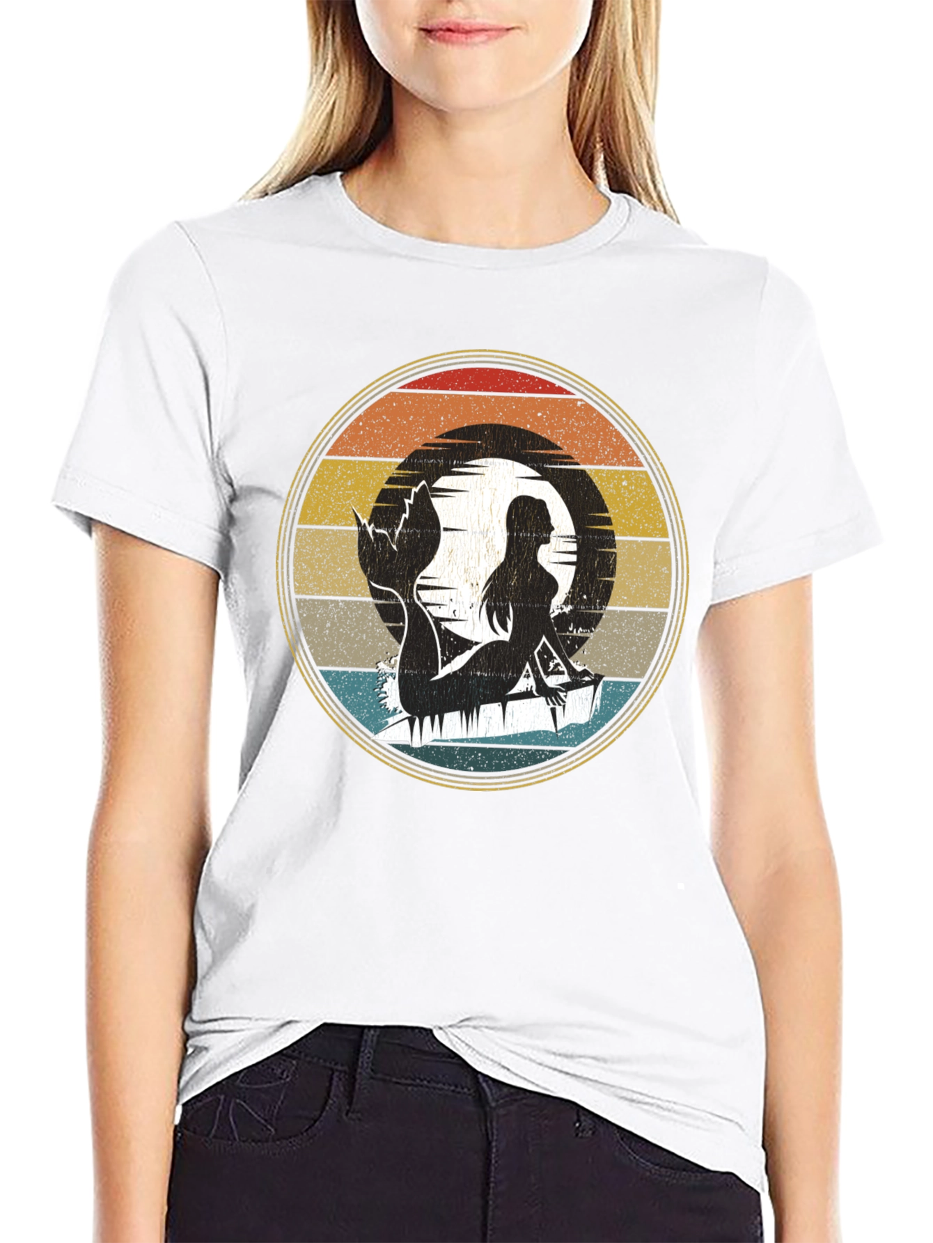 Mermaid Silhouette Retro T-Shirt - Black