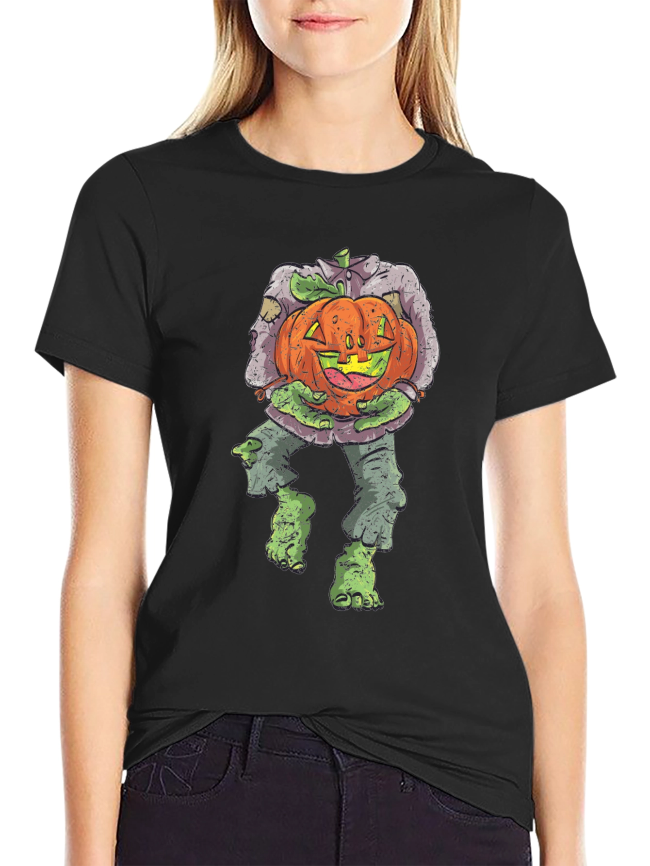 Zombie Pumpkin Head Halloween Graphic T-Shirt