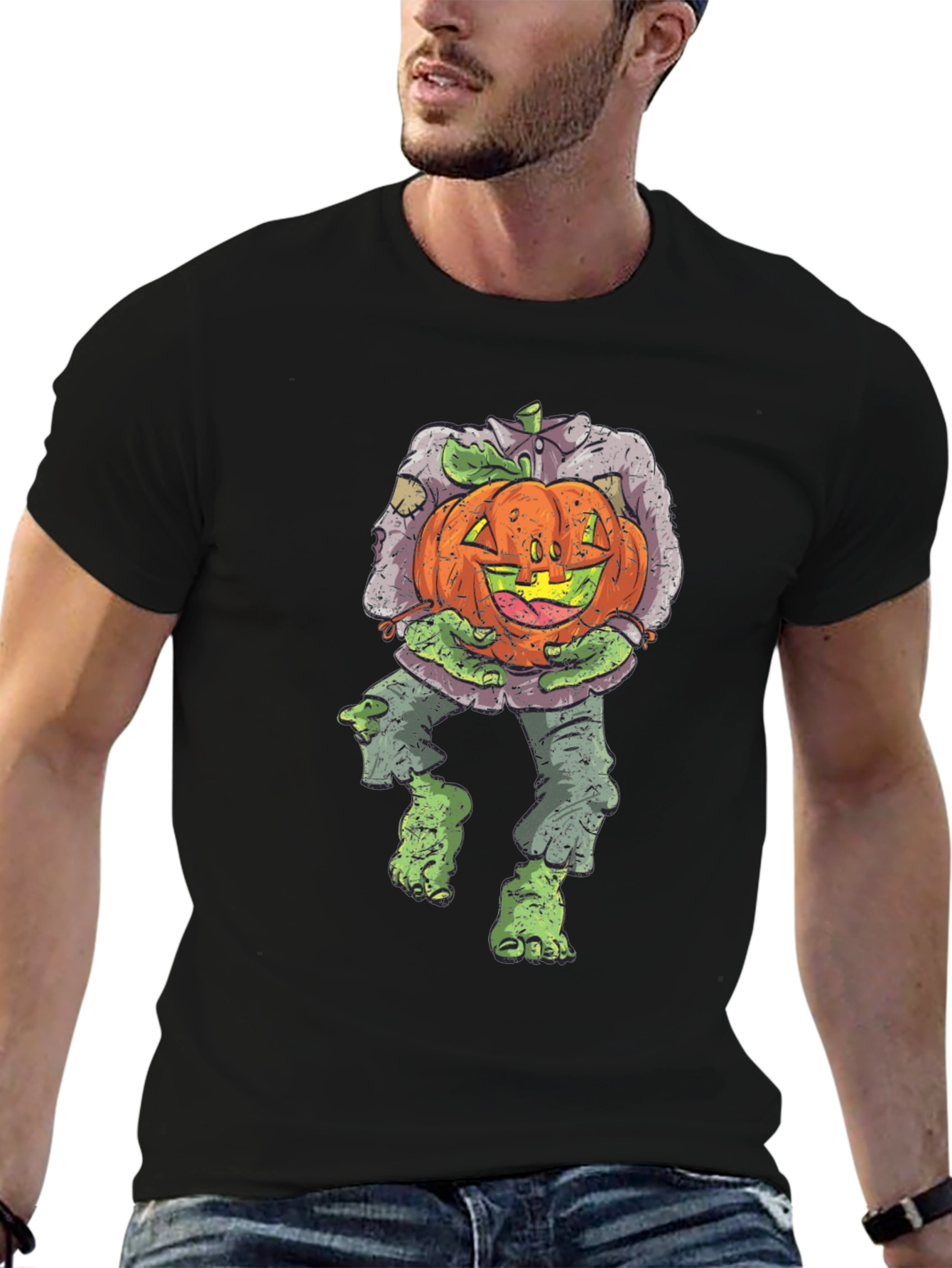 Zombie Pumpkin Head Halloween Graphic T-Shirt