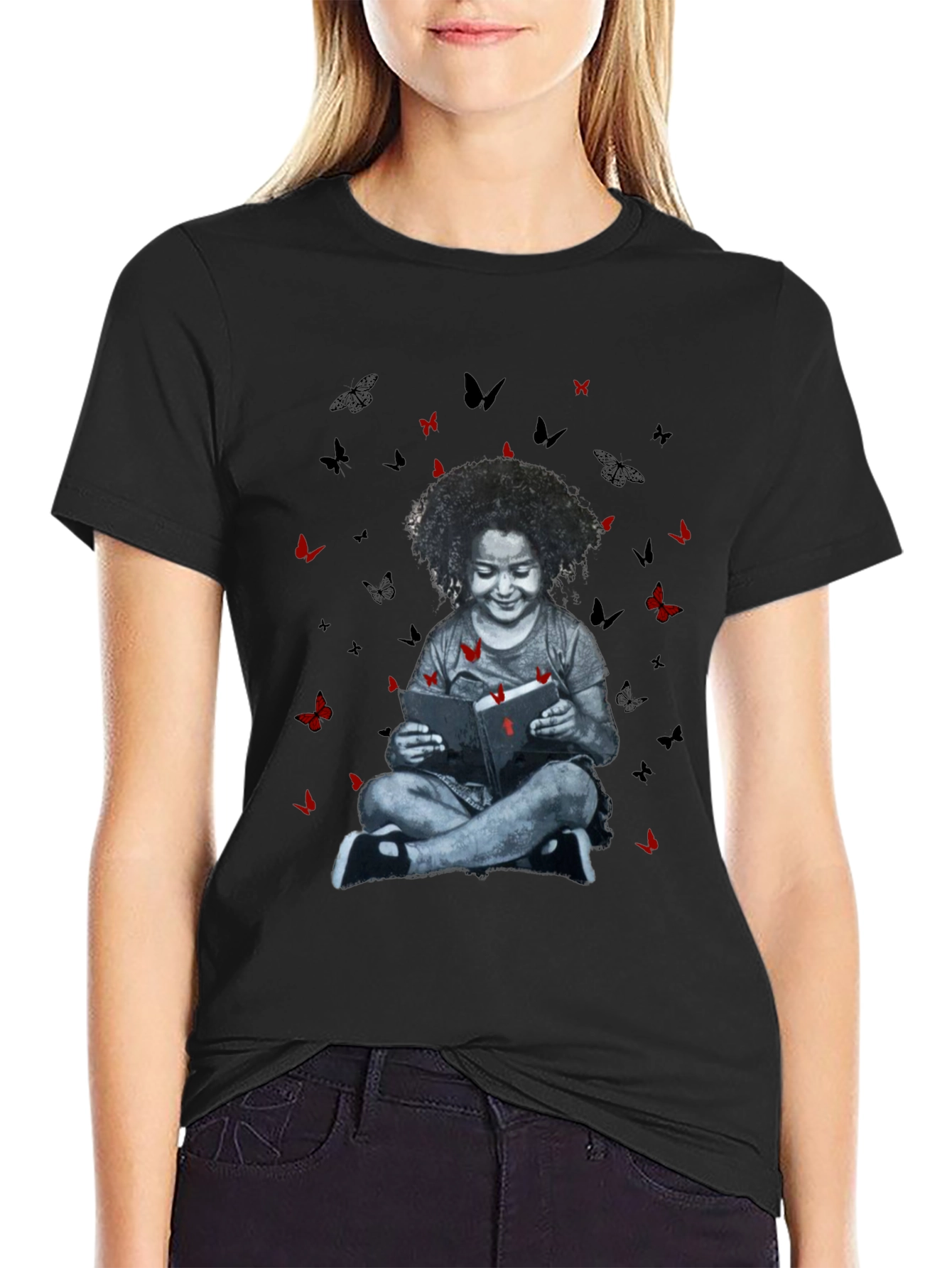 Girl Reading Book with Butterfly T-Shirt