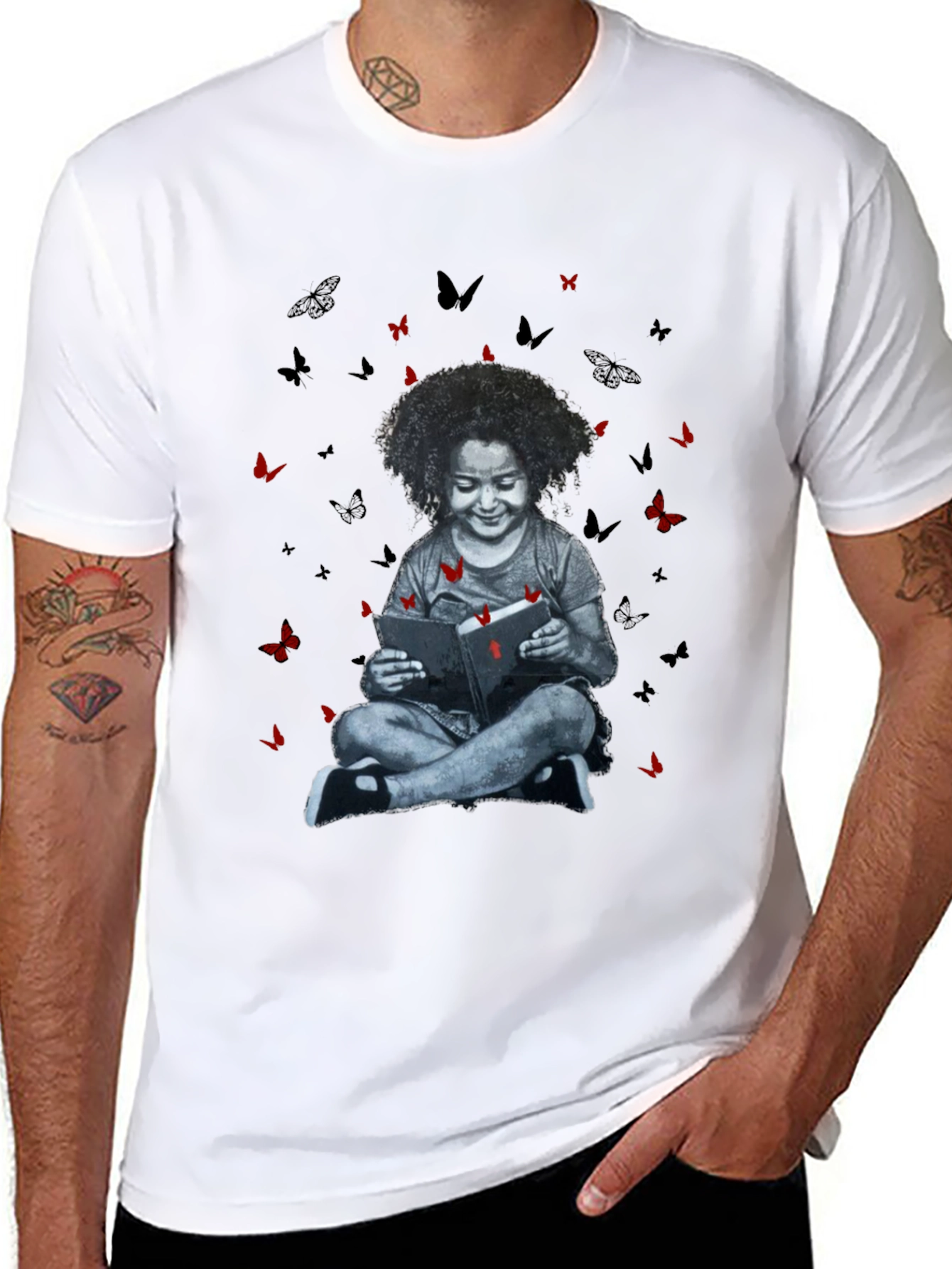 Girl Reading Book with Butterfly T-Shirt