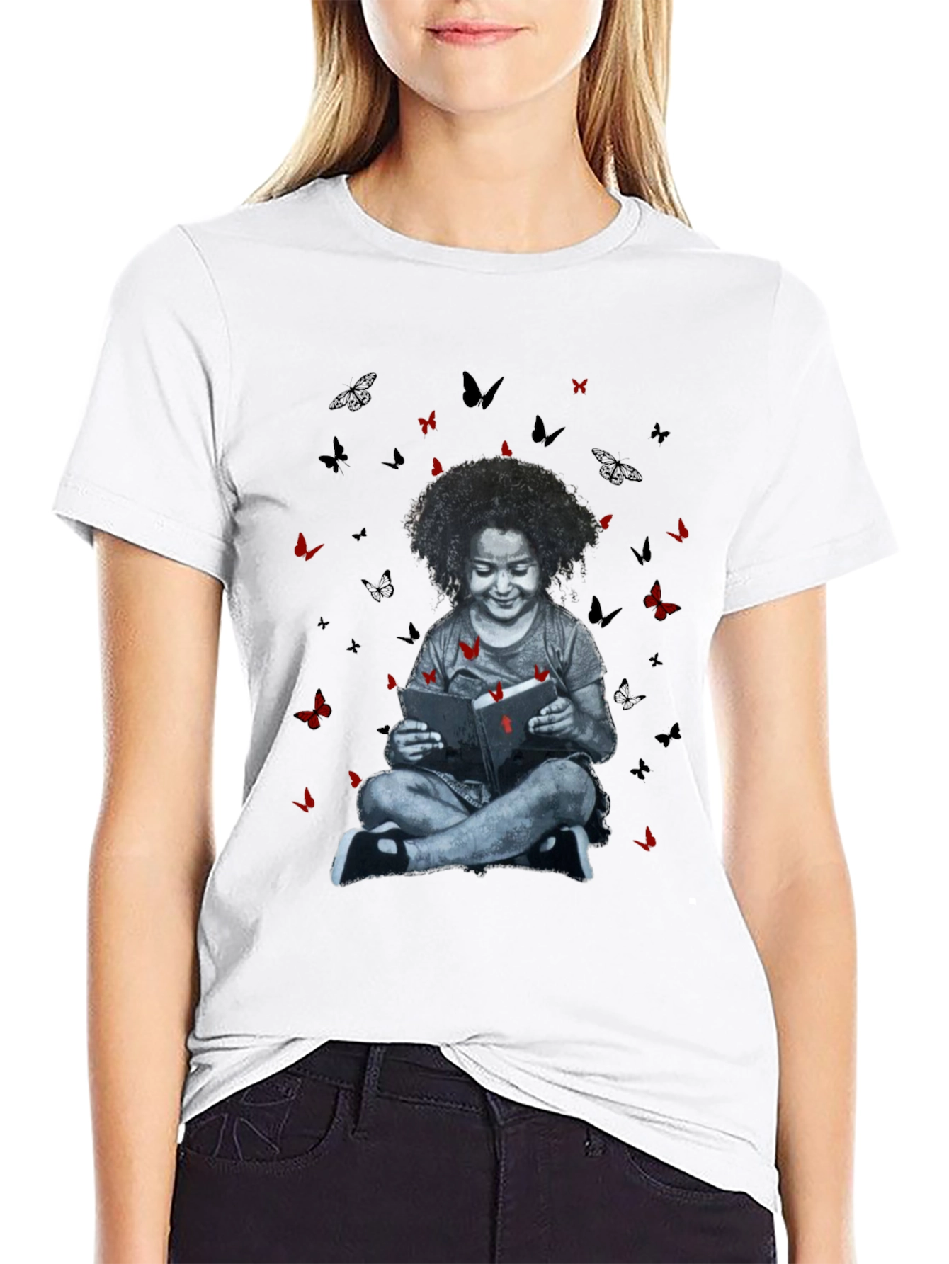 Girl Reading Book with Butterfly T-Shirt
