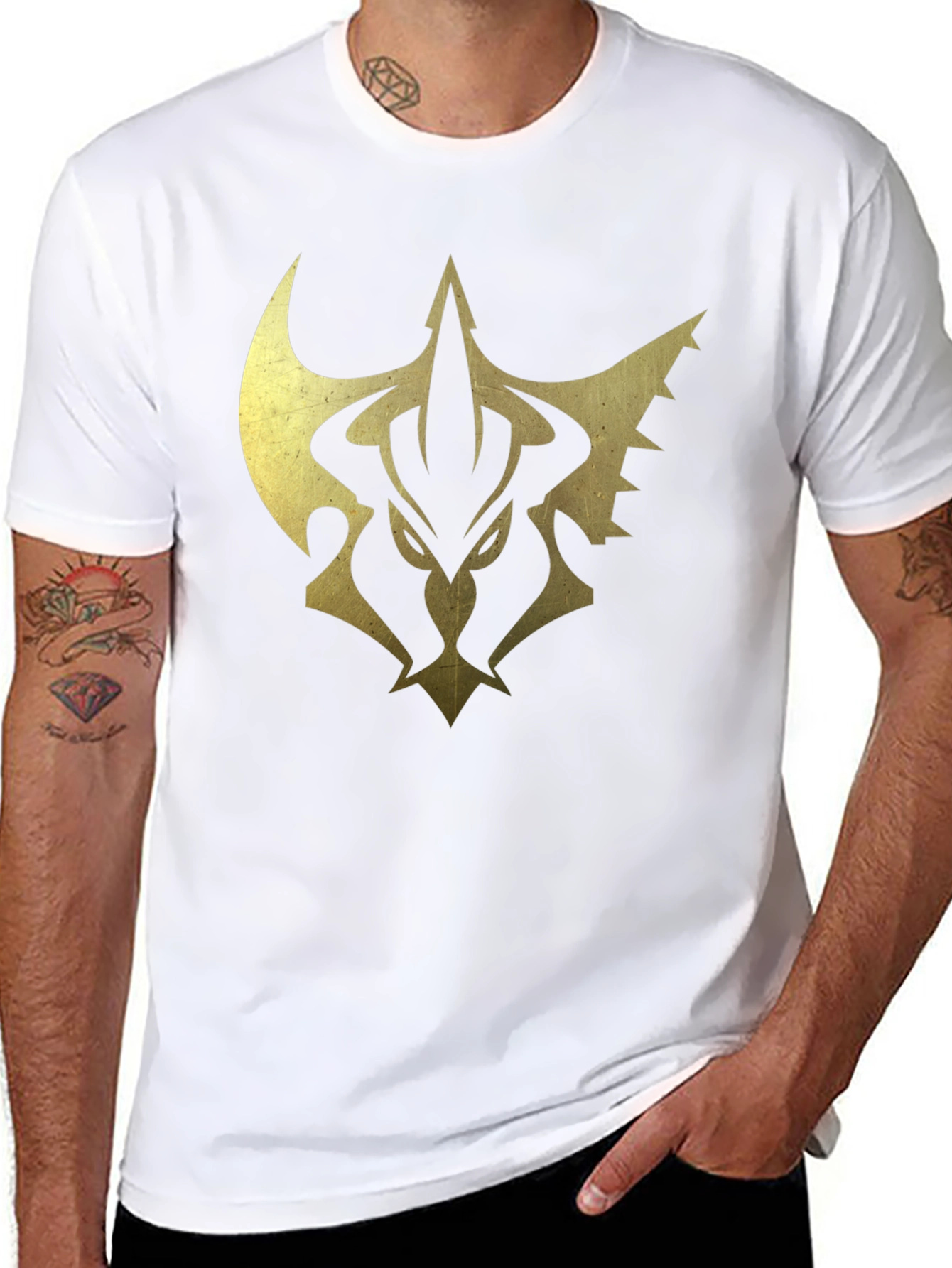 Mens Black Tee with Gold Emblem Print