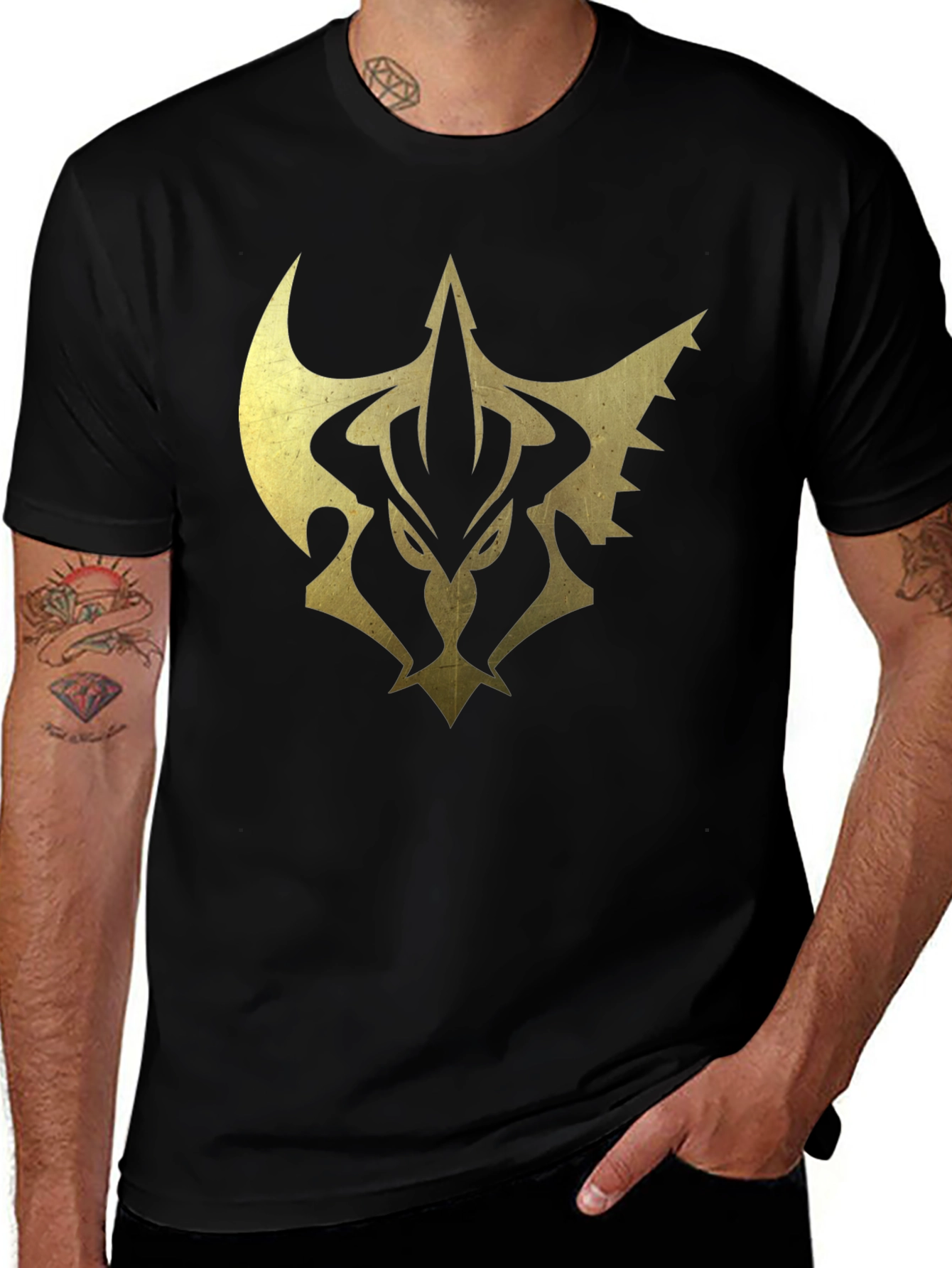Mens Black Tee with Gold Emblem Print