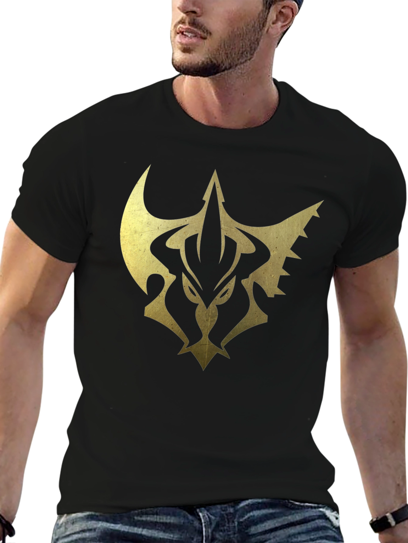 Mens Black Tee with Gold Emblem Print
