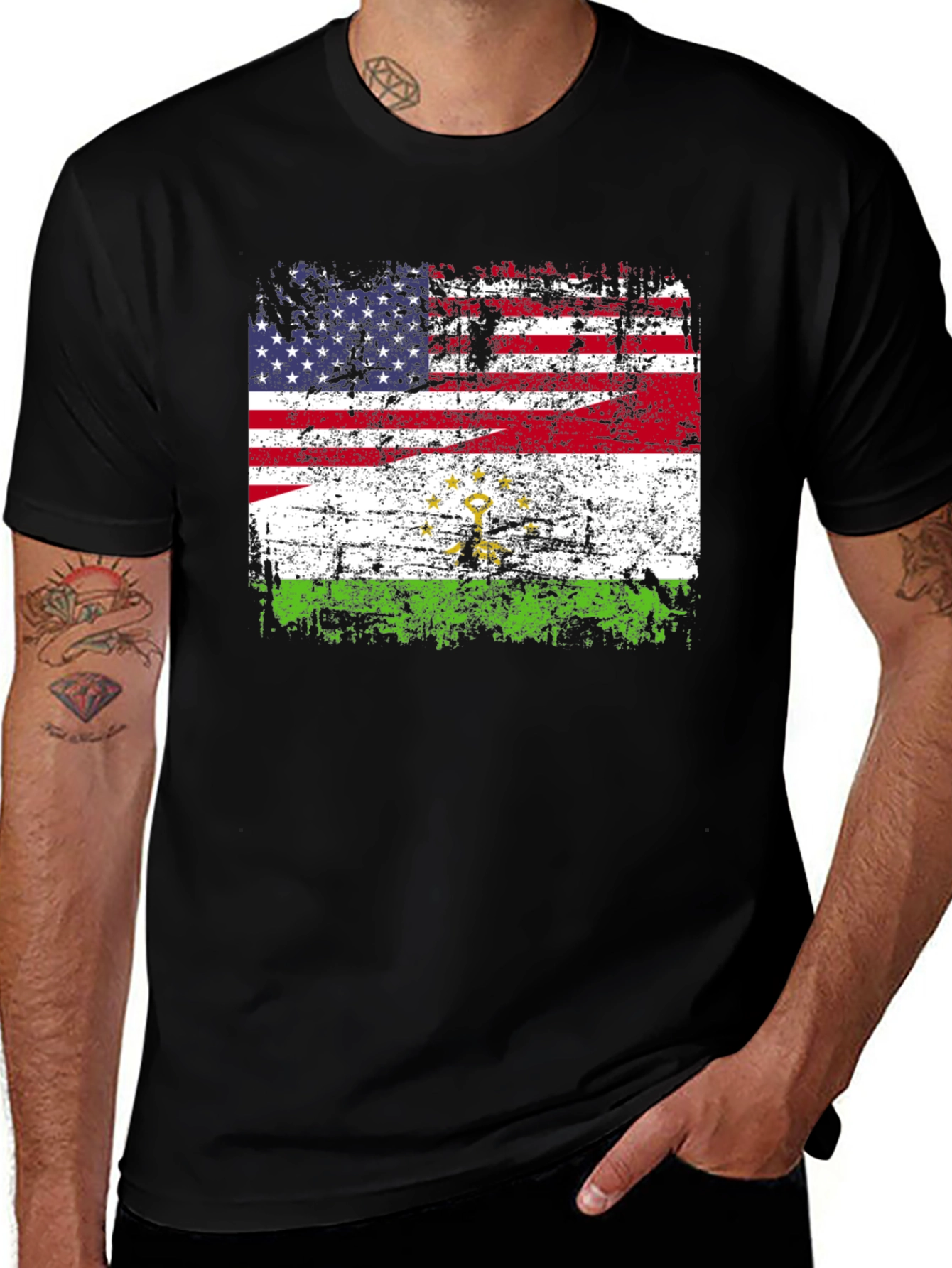USA Tajikistan Flag Distressed T-Shirt