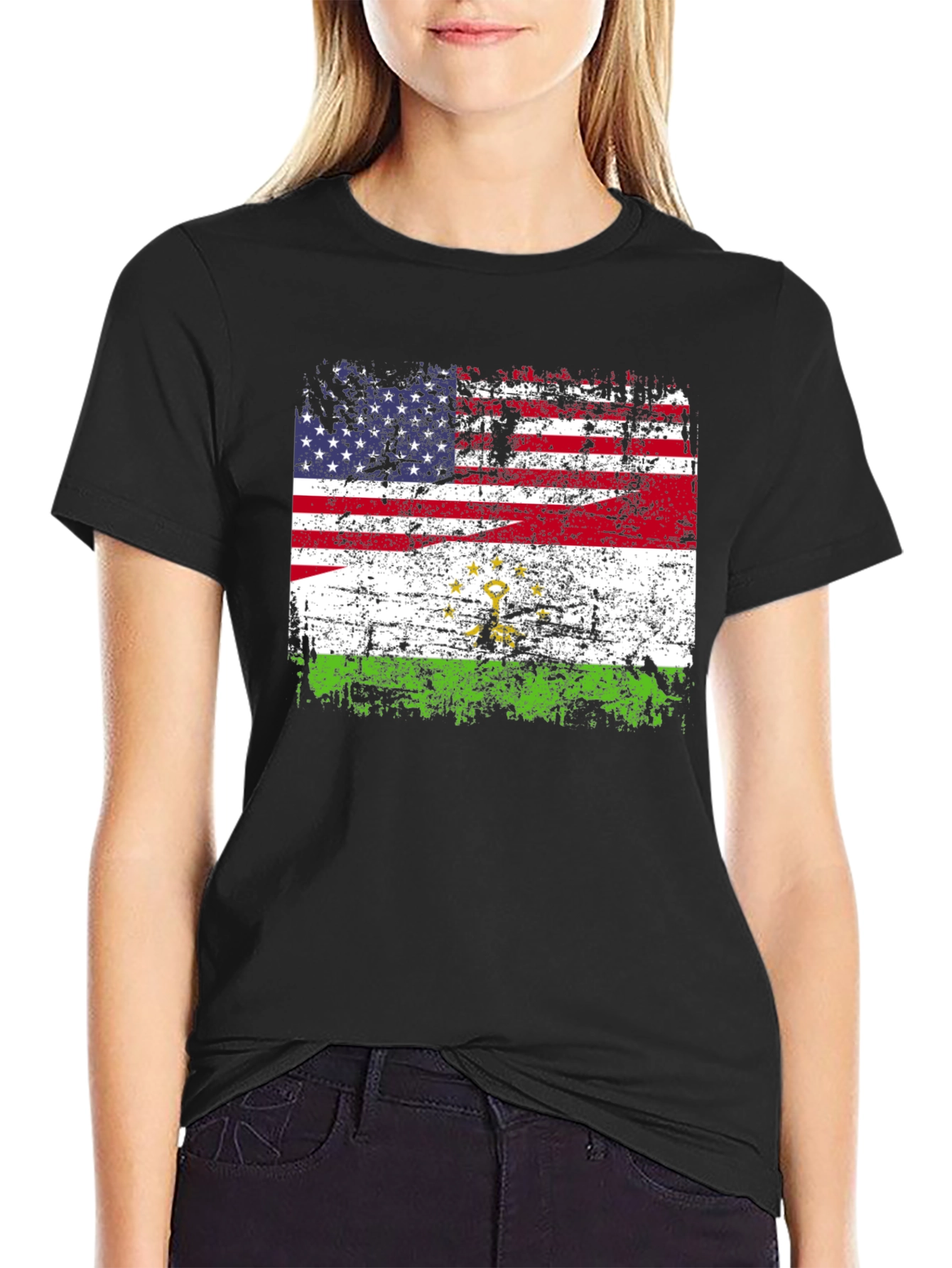 USA Tajikistan Flag Distressed T-Shirt