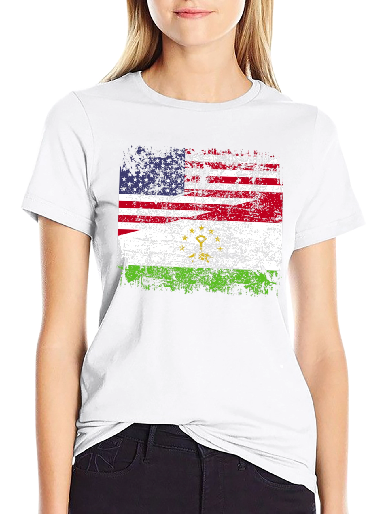 USA Tajikistan Flag Distressed T-Shirt