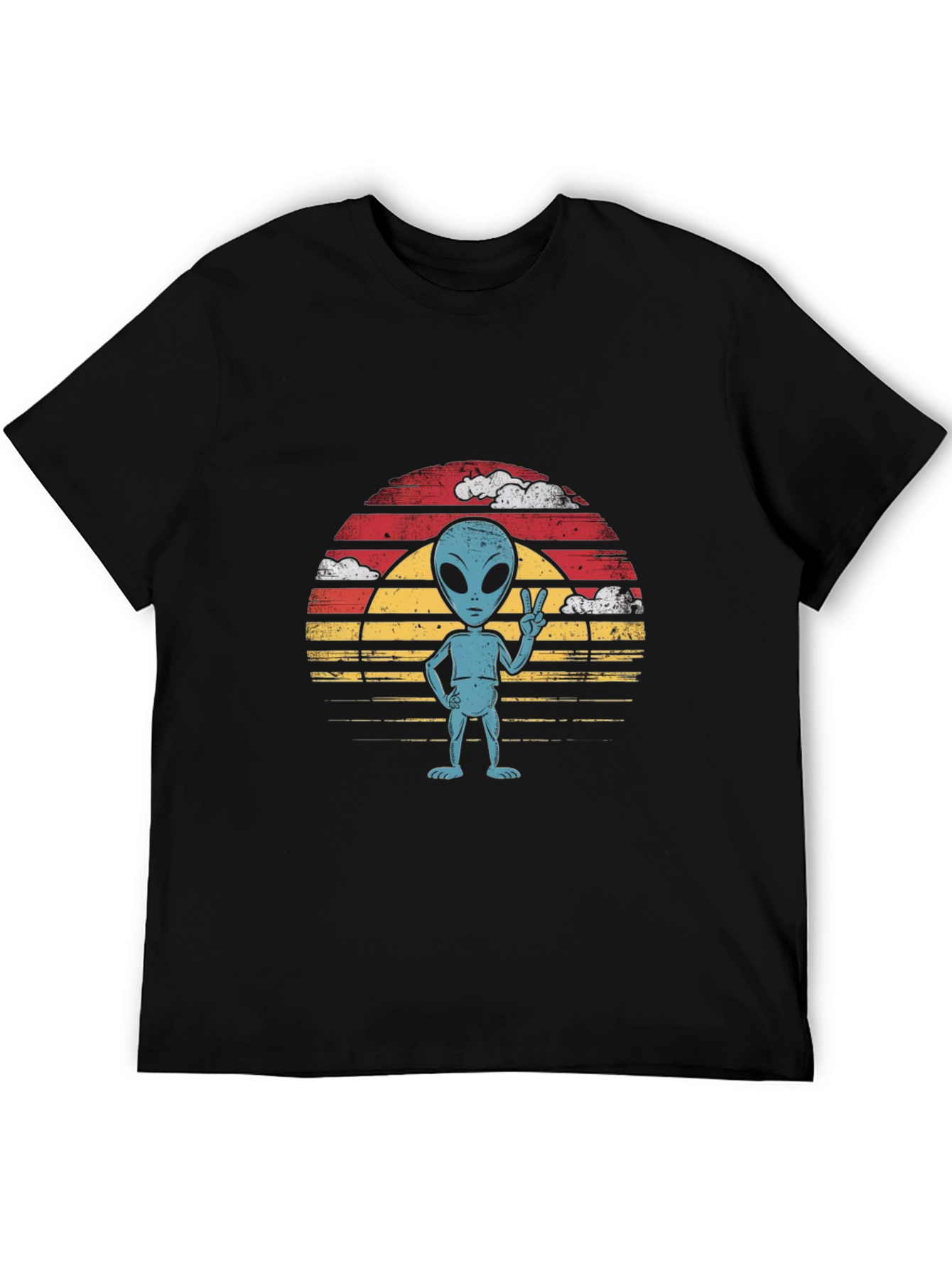 Retro Alien Peace Sign Graphic Tee - Black