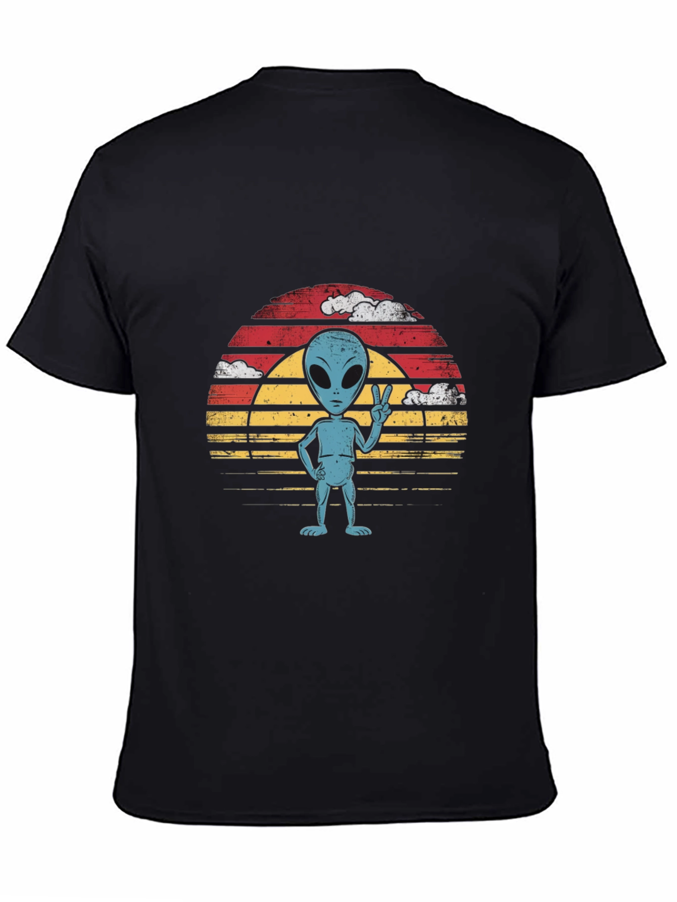 Retro Alien Peace Sign Graphic Tee - Black