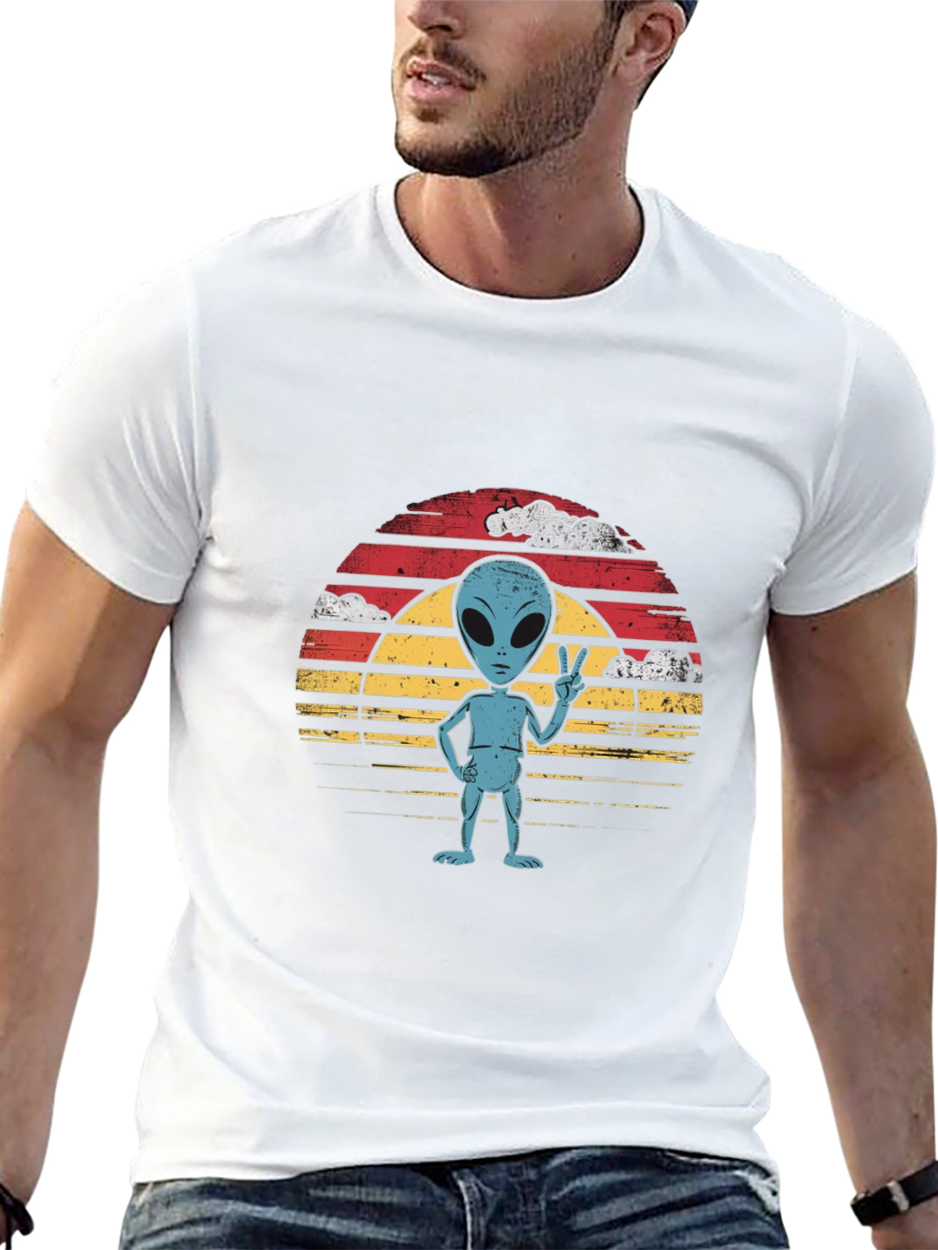 Retro Alien Peace Sign Graphic Tee - Black