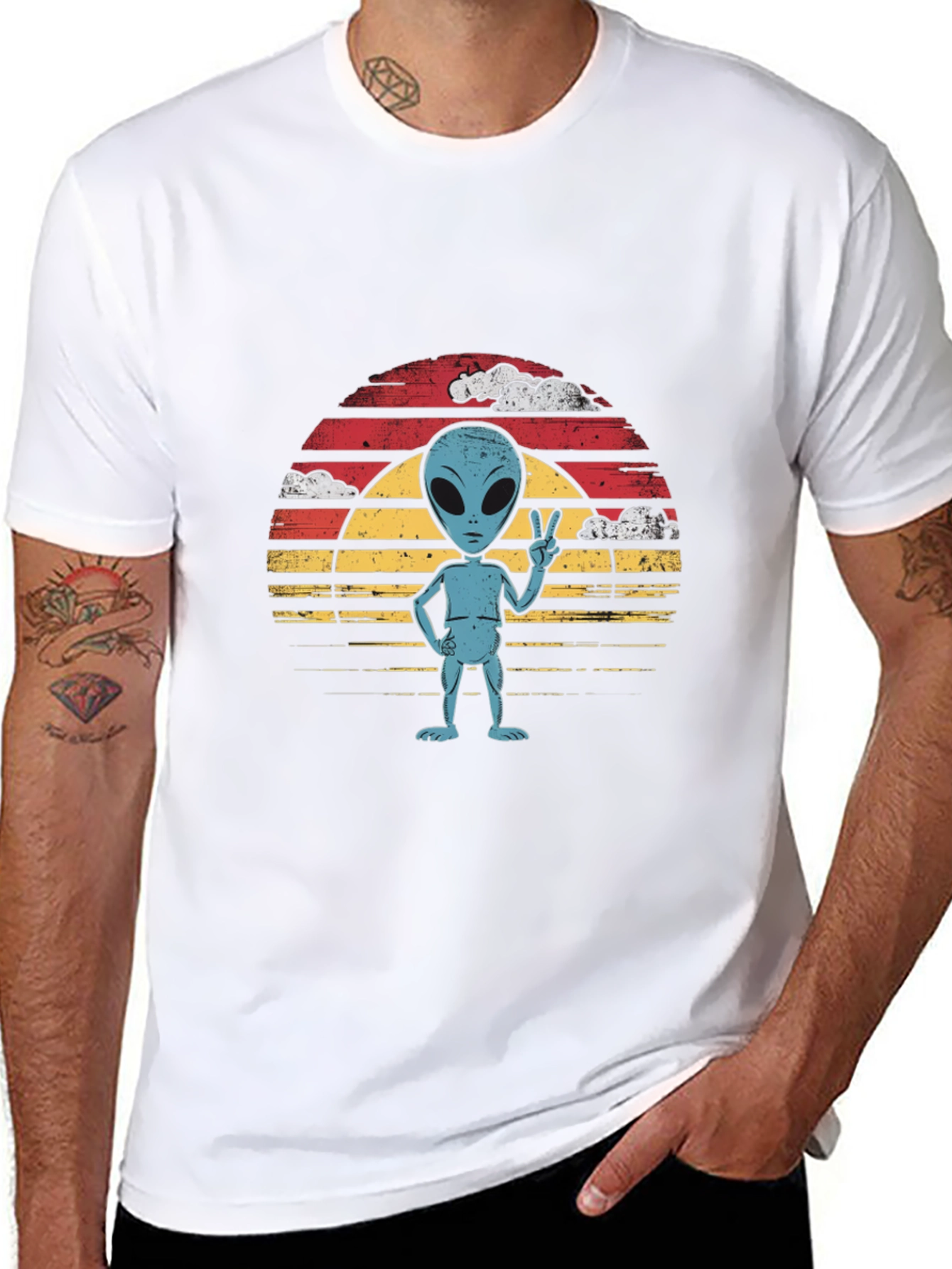 Retro Alien Peace Sign Graphic Tee - Black