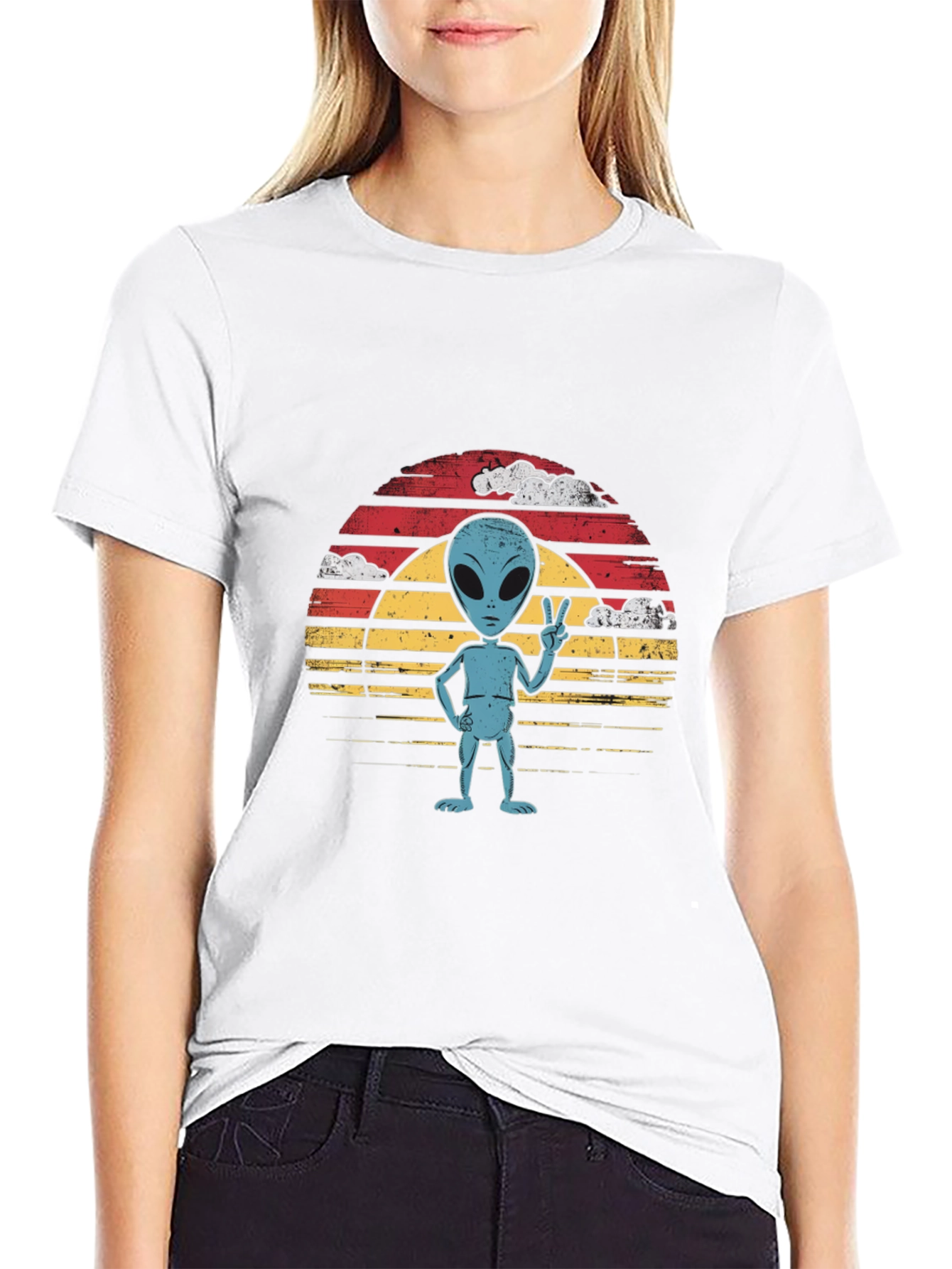 Retro Alien Peace Sign Graphic Tee - Black