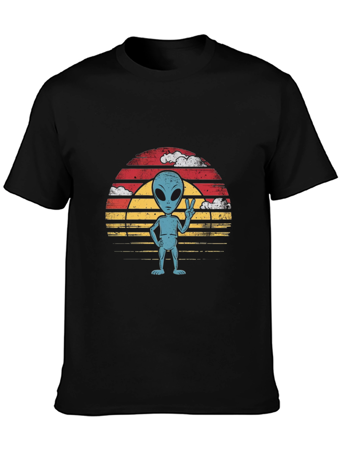 Retro Alien Peace Sign Graphic Tee - Black